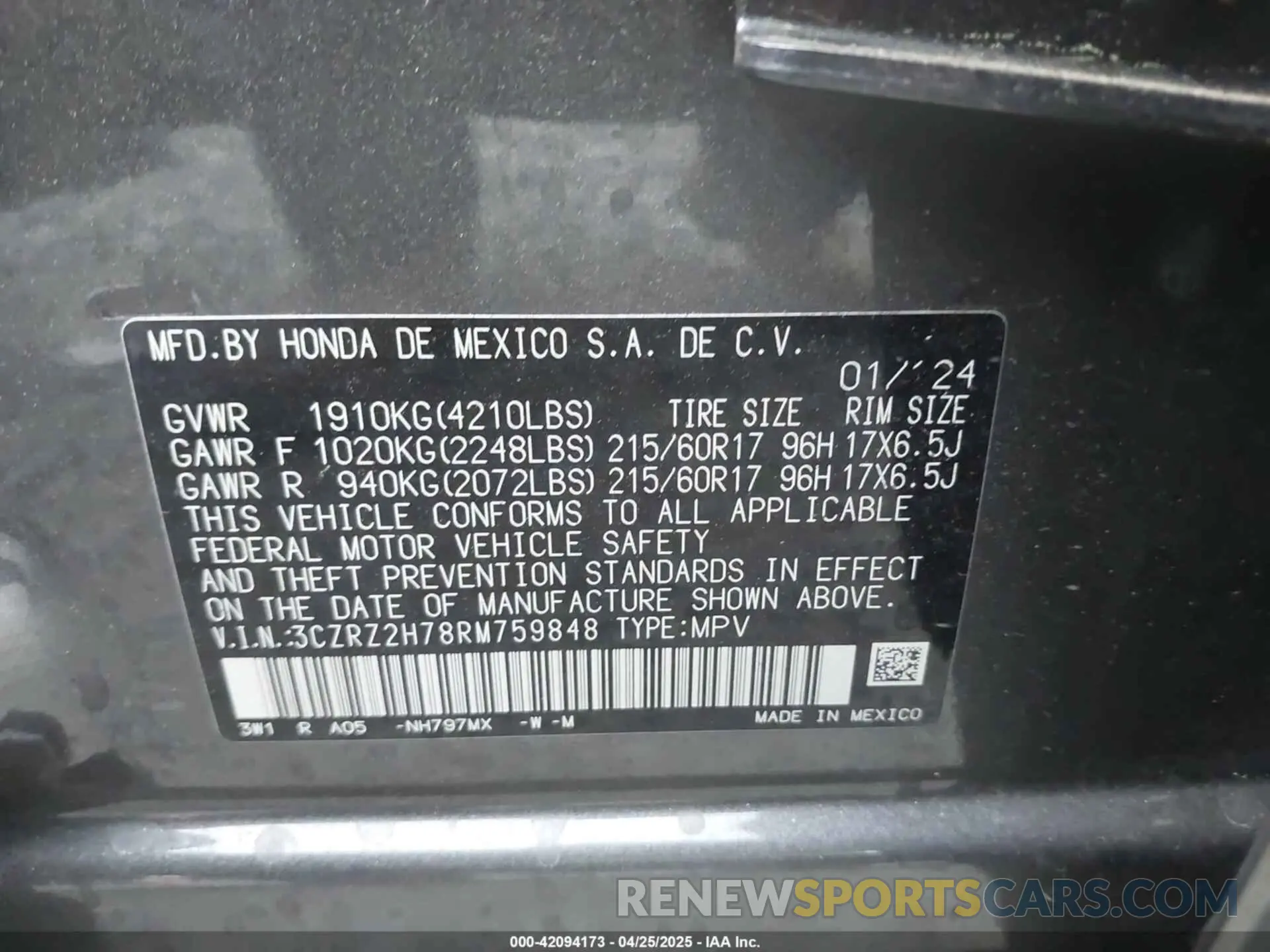 9 Photograph of a damaged car 3CZRZ2H78RM759848 HONDA HR-V 2024