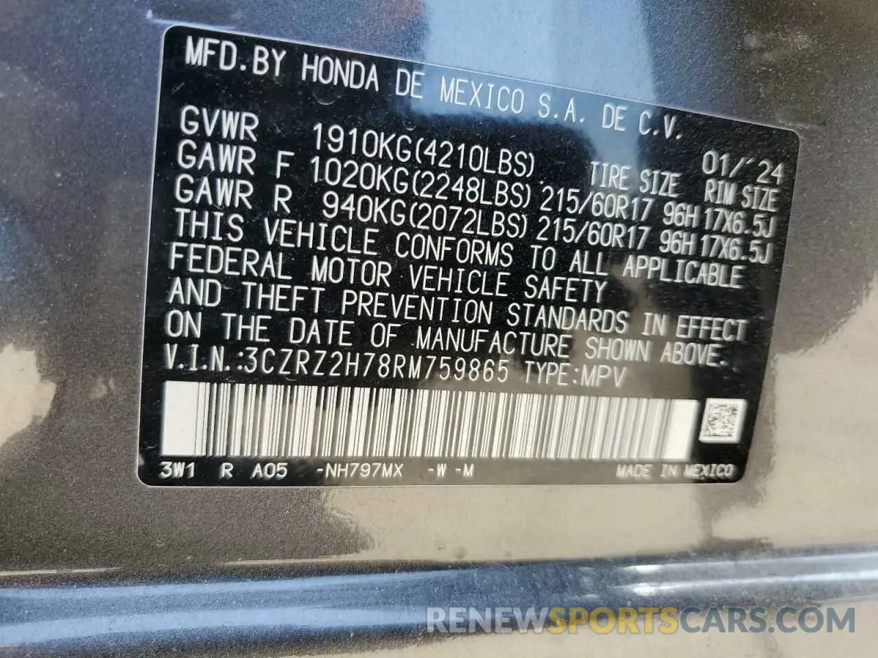 13 Photograph of a damaged car 3CZRZ2H78RM759865 HONDA HR-V 2024