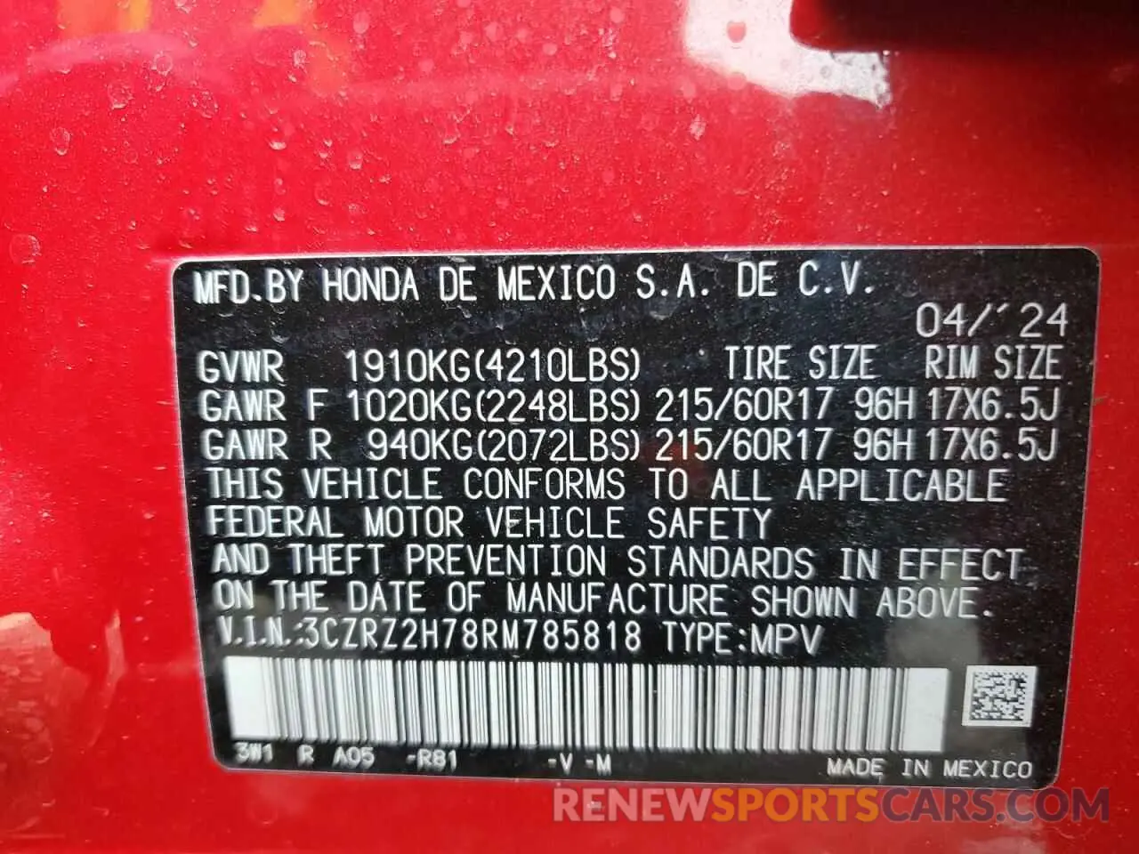 13 Photograph of a damaged car 3CZRZ2H78RM785818 HONDA HR-V 2024
