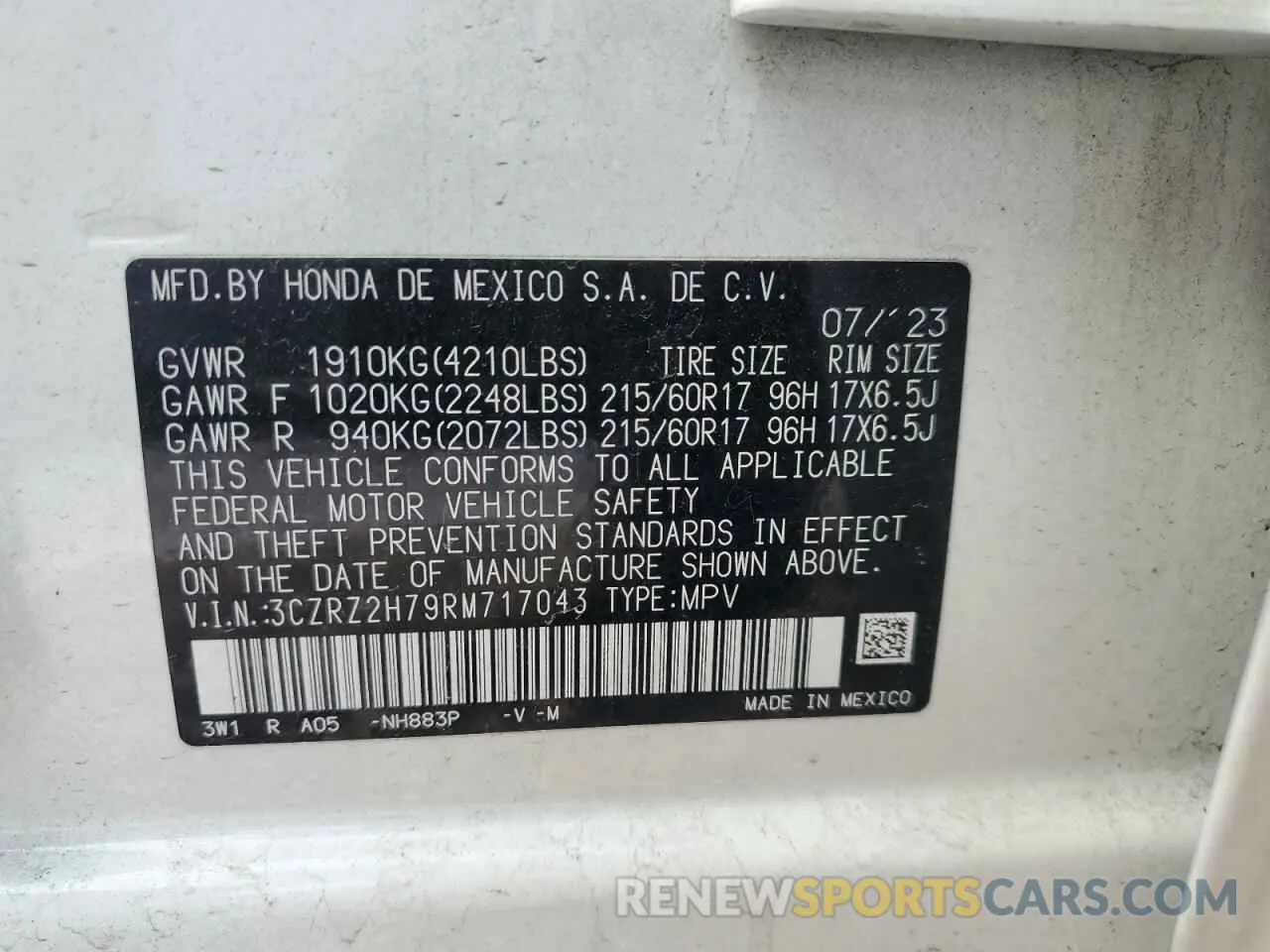 13 Photograph of a damaged car 3CZRZ2H79RM717043 HONDA HR-V 2024