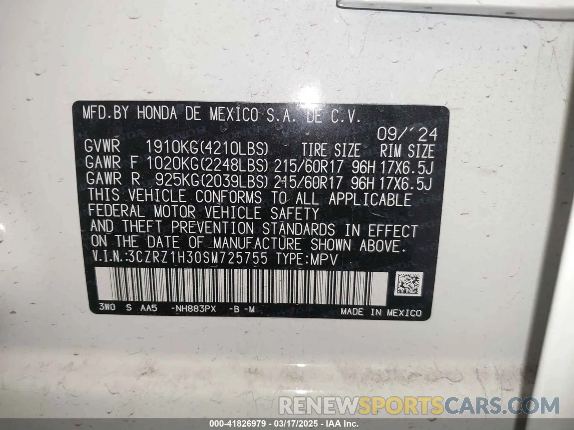 9 Photograph of a damaged car 3CZRZ1H30SM725755 HONDA HR-V 2025