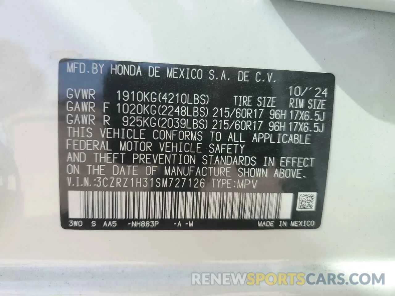 14 Photograph of a damaged car 3CZRZ1H31SM727126 HONDA HR-V 2025