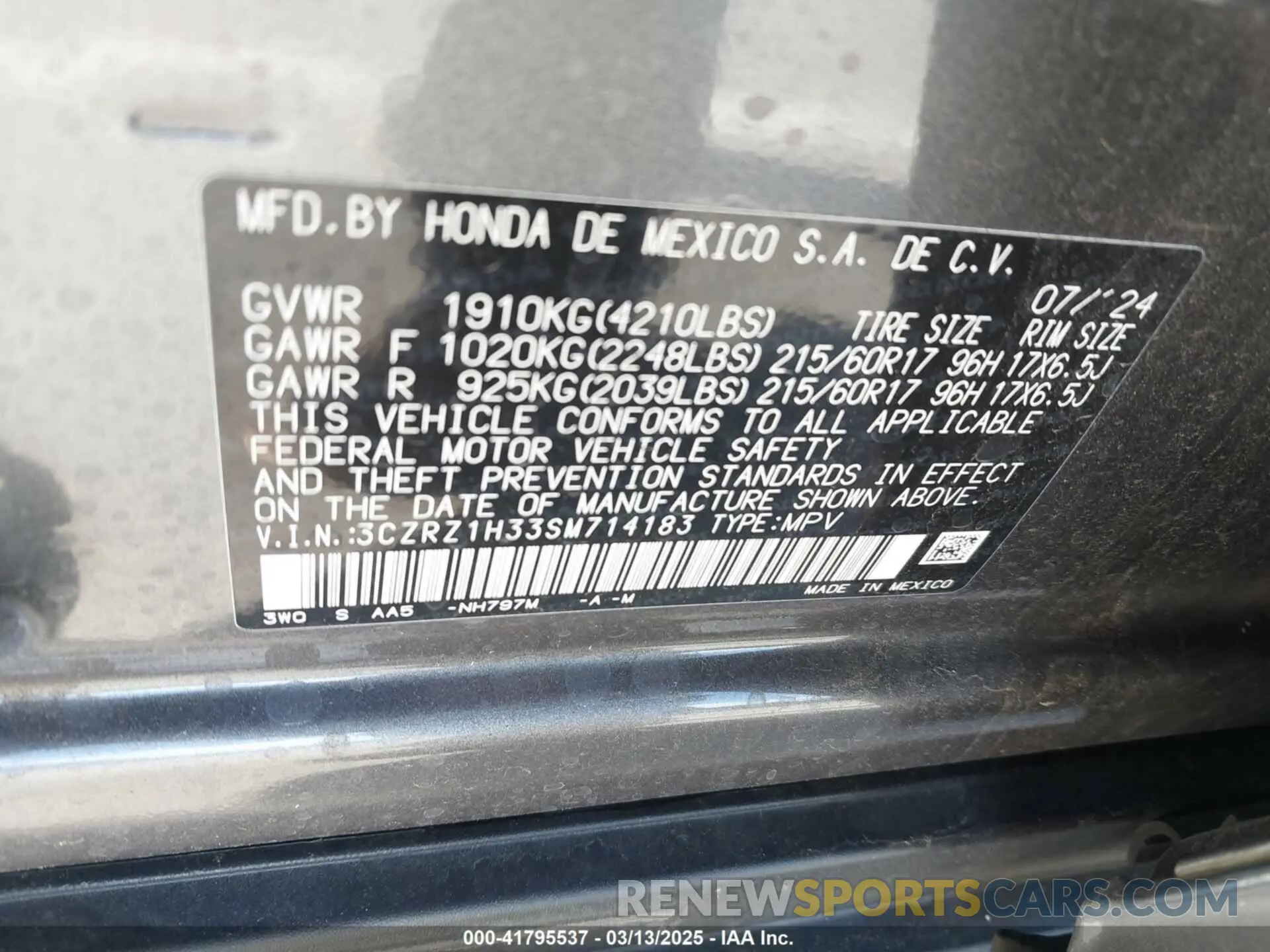 9 Photograph of a damaged car 3CZRZ1H33SM714183 HONDA HR-V 2025