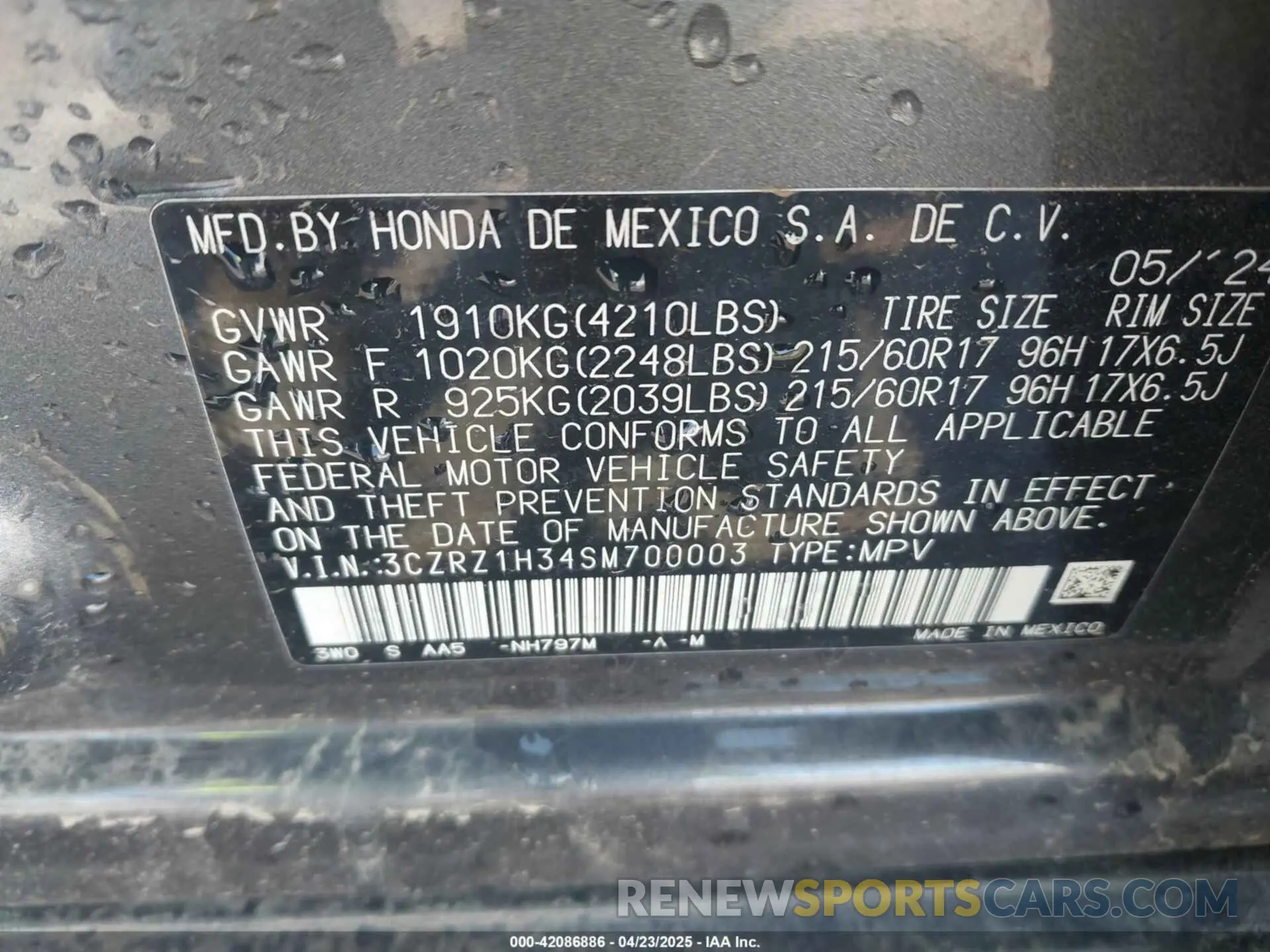 9 Photograph of a damaged car 3CZRZ1H34SM700003 HONDA HR-V 2025
