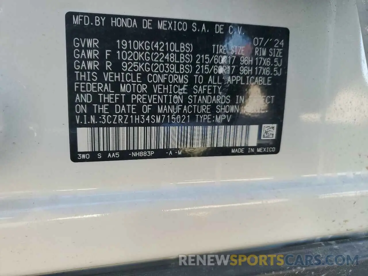 14 Photograph of a damaged car 3CZRZ1H34SM715021 HONDA HR-V 2025