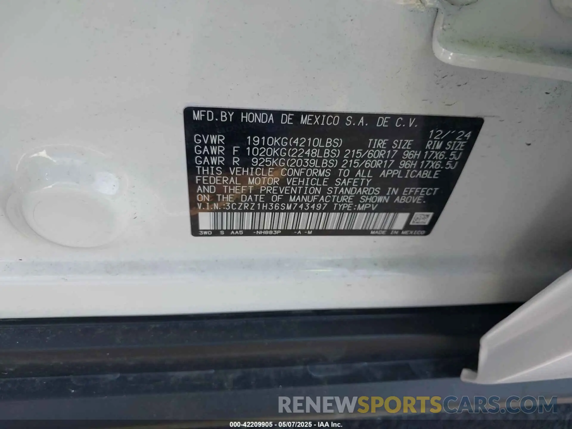 9 Photograph of a damaged car 3CZRZ1H36SM743497 HONDA HR-V 2025