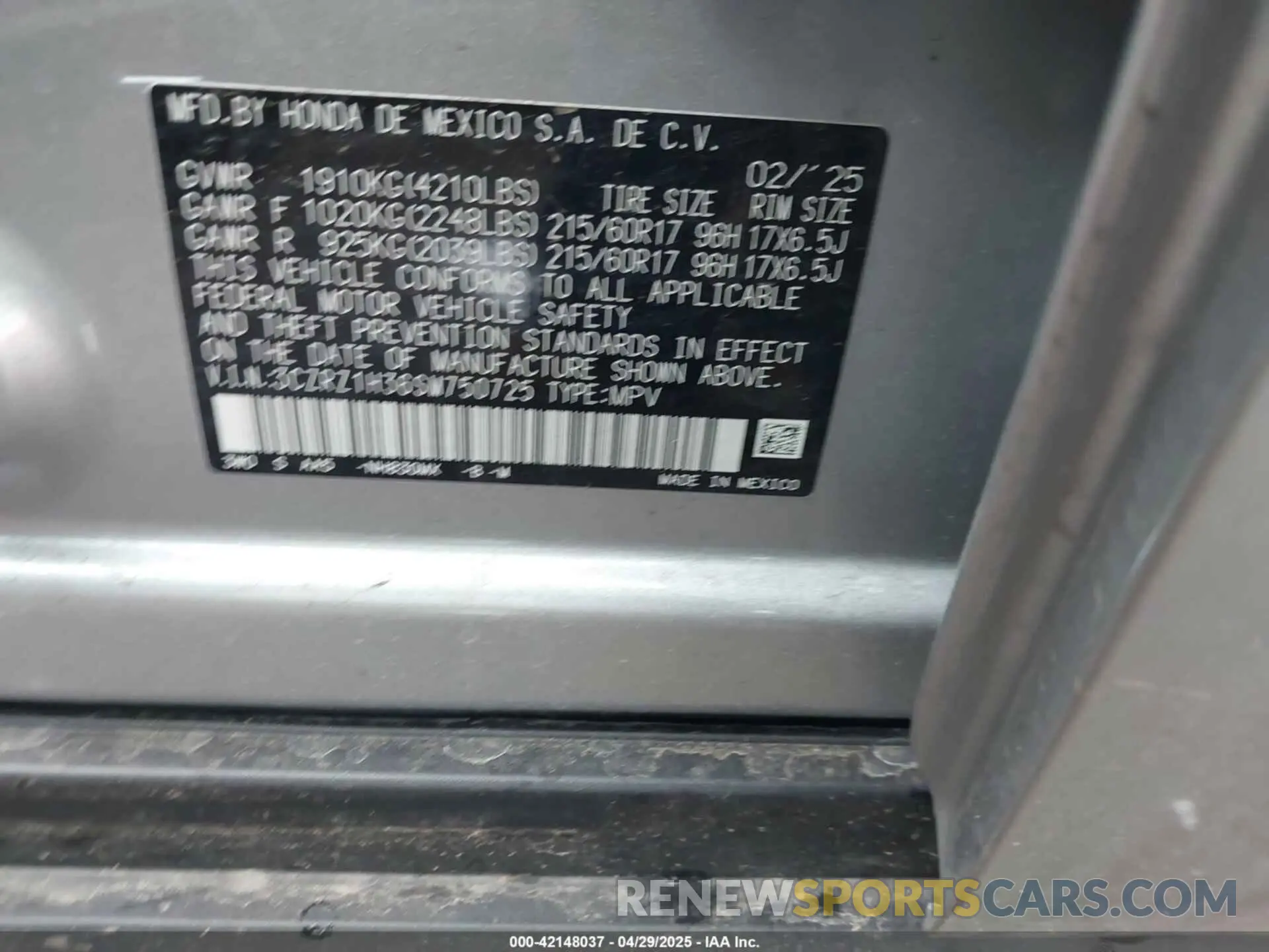 9 Photograph of a damaged car 3CZRZ1H36SM750725 HONDA HR-V 2025