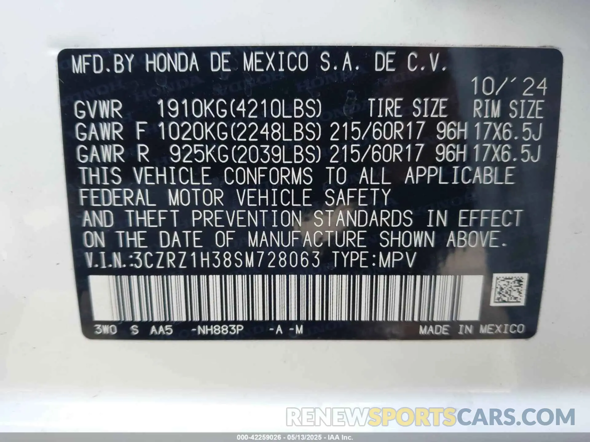 9 Photograph of a damaged car 3CZRZ1H38SM728063 HONDA HR-V 2025
