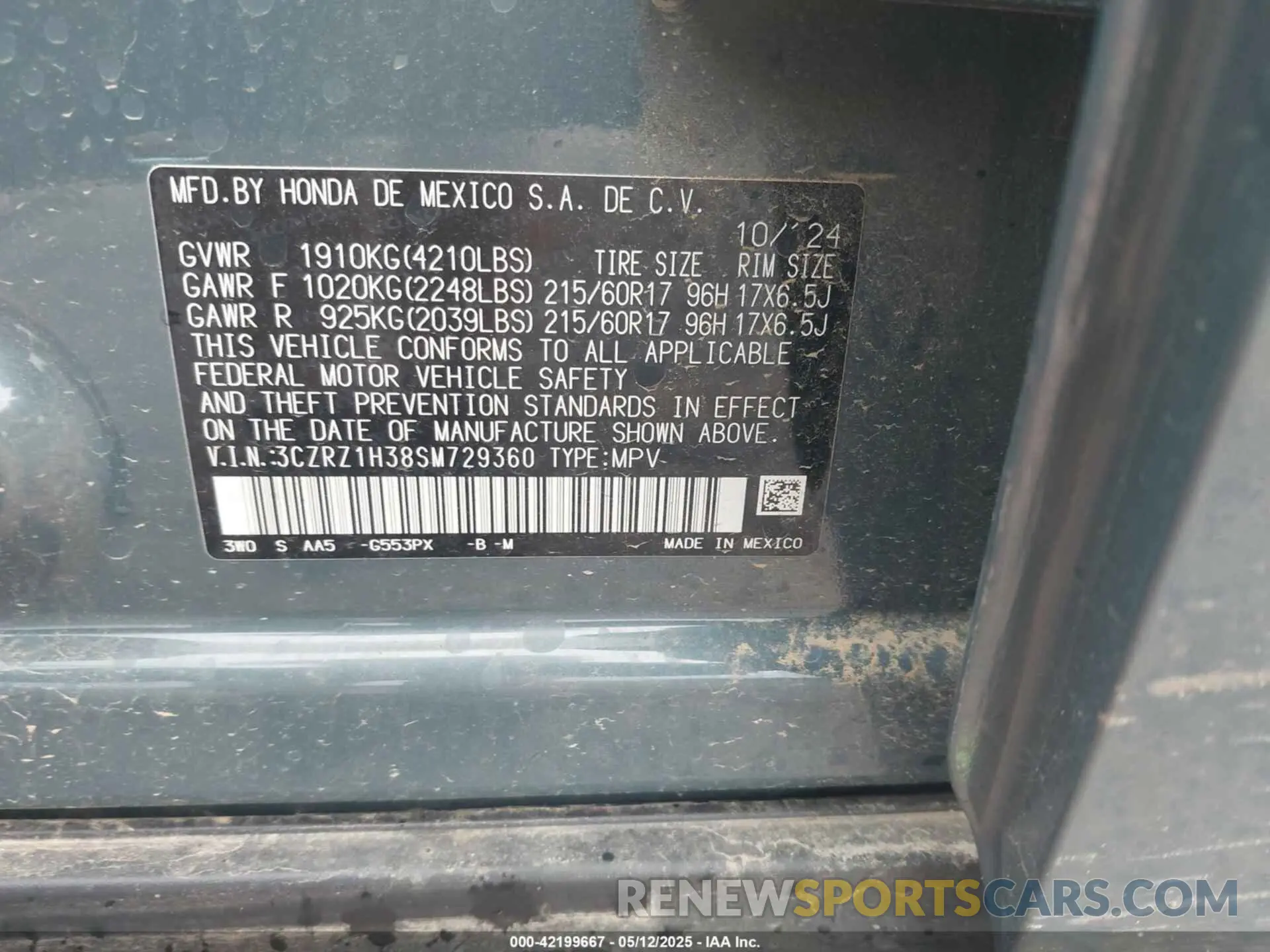 9 Photograph of a damaged car 3CZRZ1H38SM729360 HONDA HR-V 2025