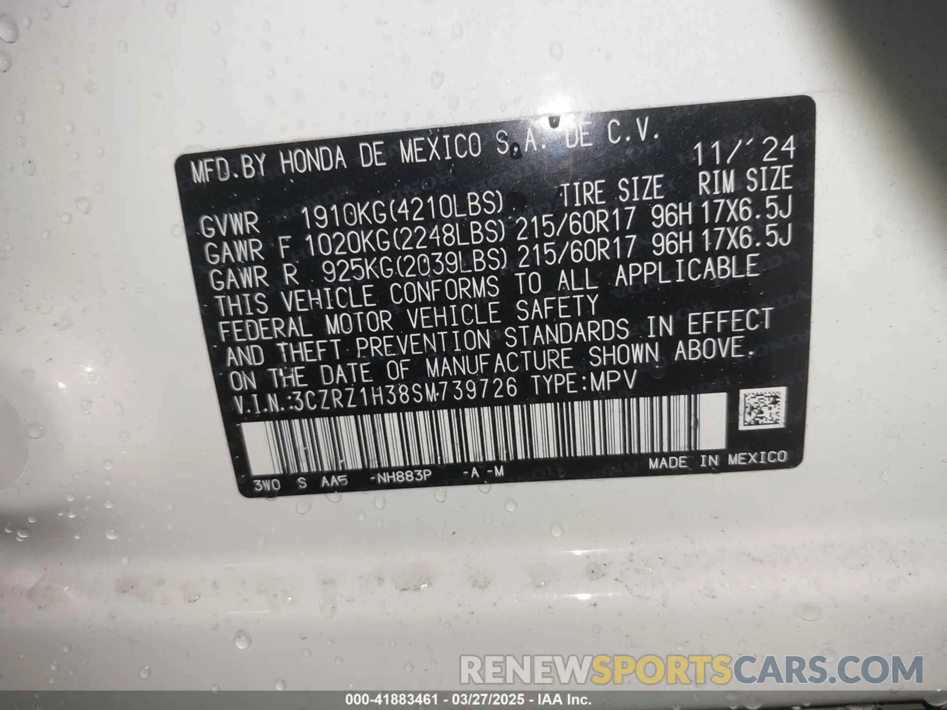 9 Photograph of a damaged car 3CZRZ1H38SM739726 HONDA HR-V 2025