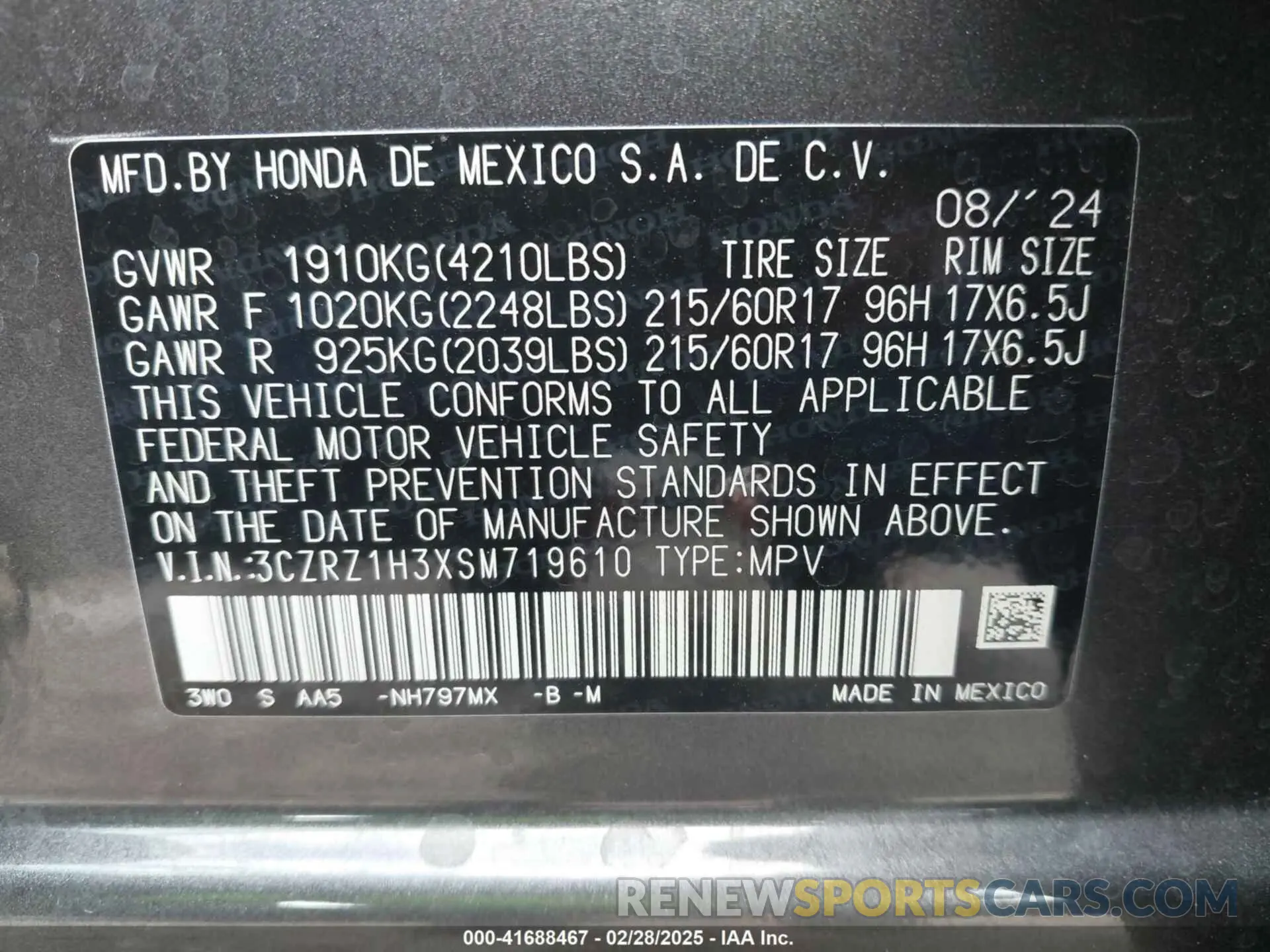 9 Photograph of a damaged car 3CZRZ1H3XSM719610 HONDA HR-V 2025