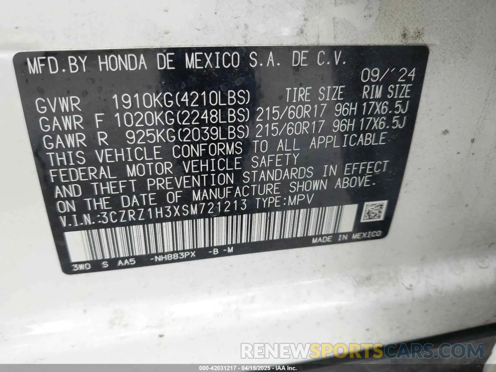 9 Photograph of a damaged car 3CZRZ1H3XSM721213 HONDA HR-V 2025