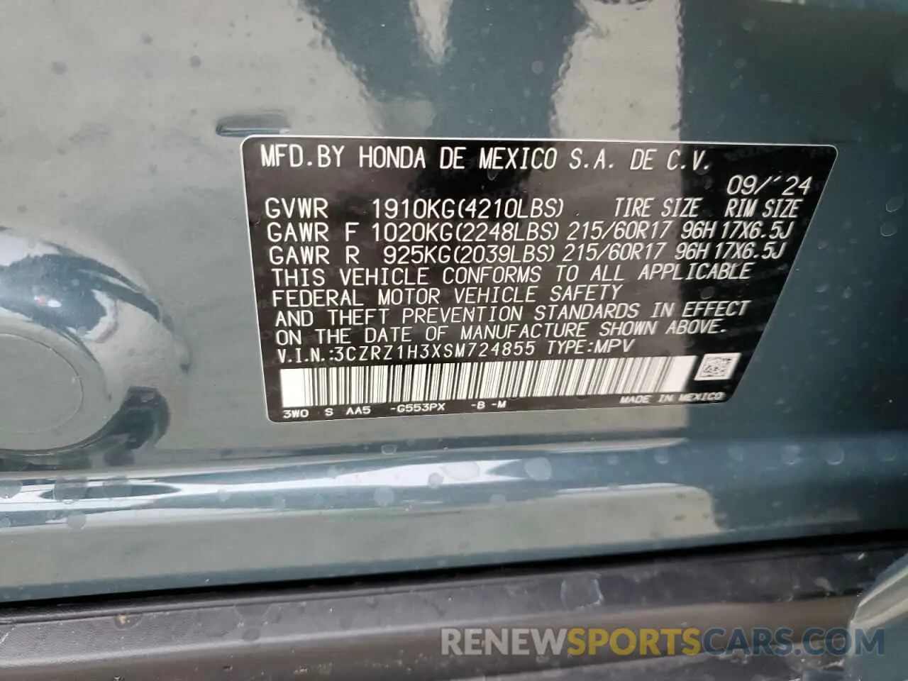 13 Photograph of a damaged car 3CZRZ1H3XSM724855 HONDA HR-V 2025