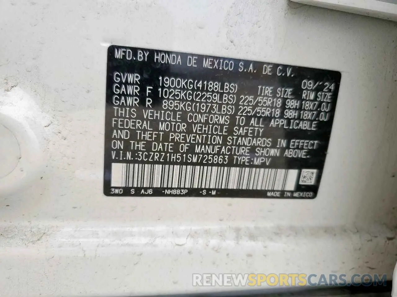 14 Photograph of a damaged car 3CZRZ1H51SM725863 HONDA HR-V 2025