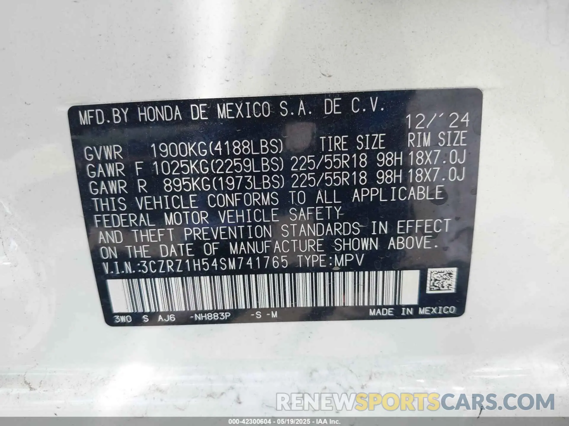 9 Photograph of a damaged car 3CZRZ1H54SM741765 HONDA HR-V 2025