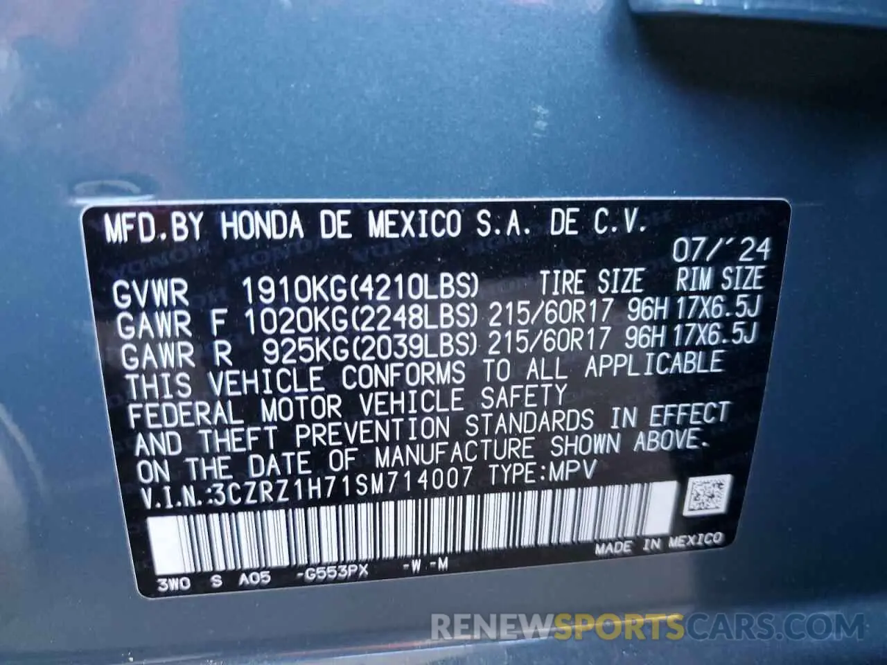 14 Photograph of a damaged car 3CZRZ1H71SM714007 HONDA HR-V 2025