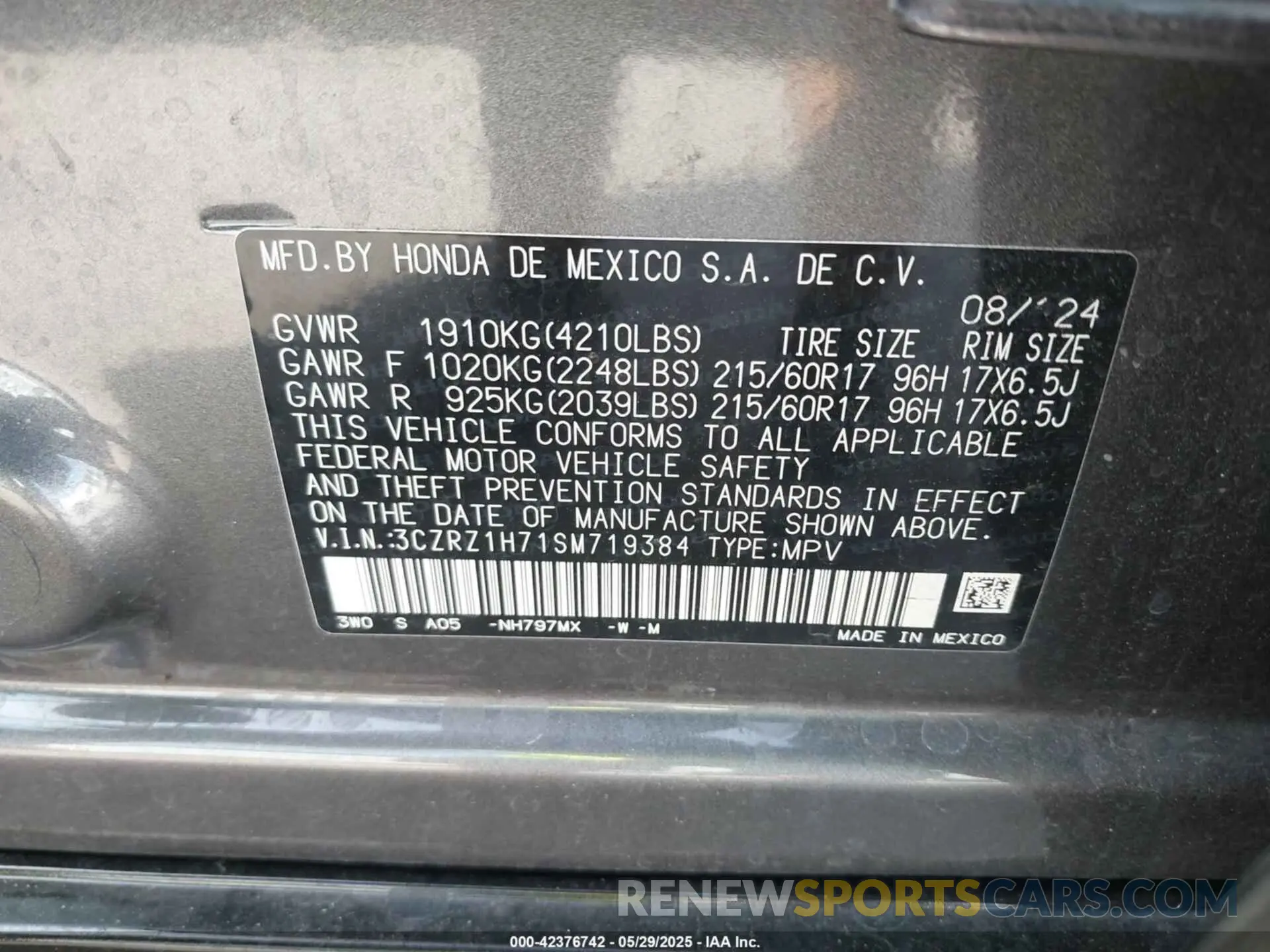 9 Photograph of a damaged car 3CZRZ1H71SM719384 HONDA HR-V 2025