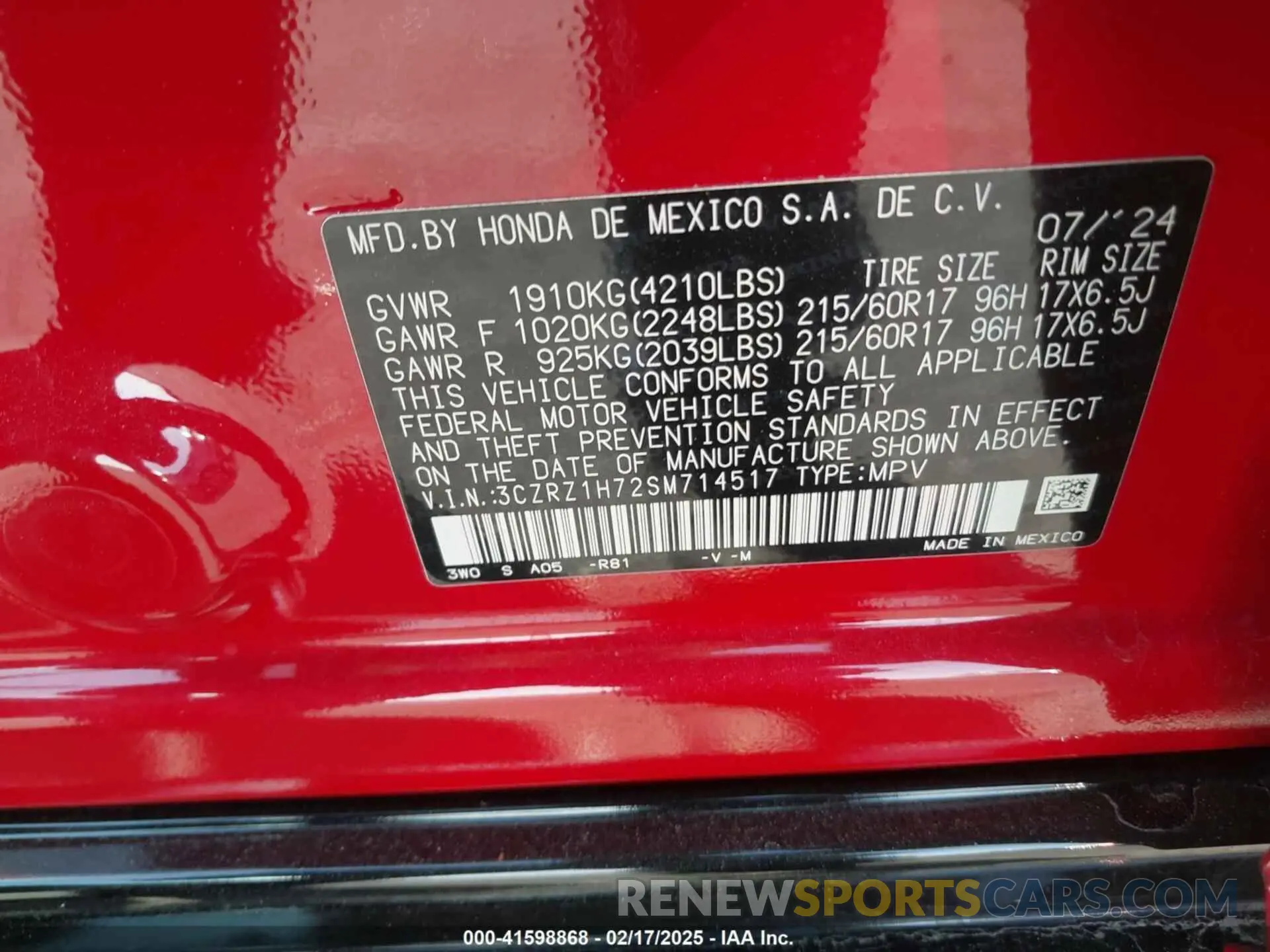 9 Photograph of a damaged car 3CZRZ1H72SM714517 HONDA HR-V 2025