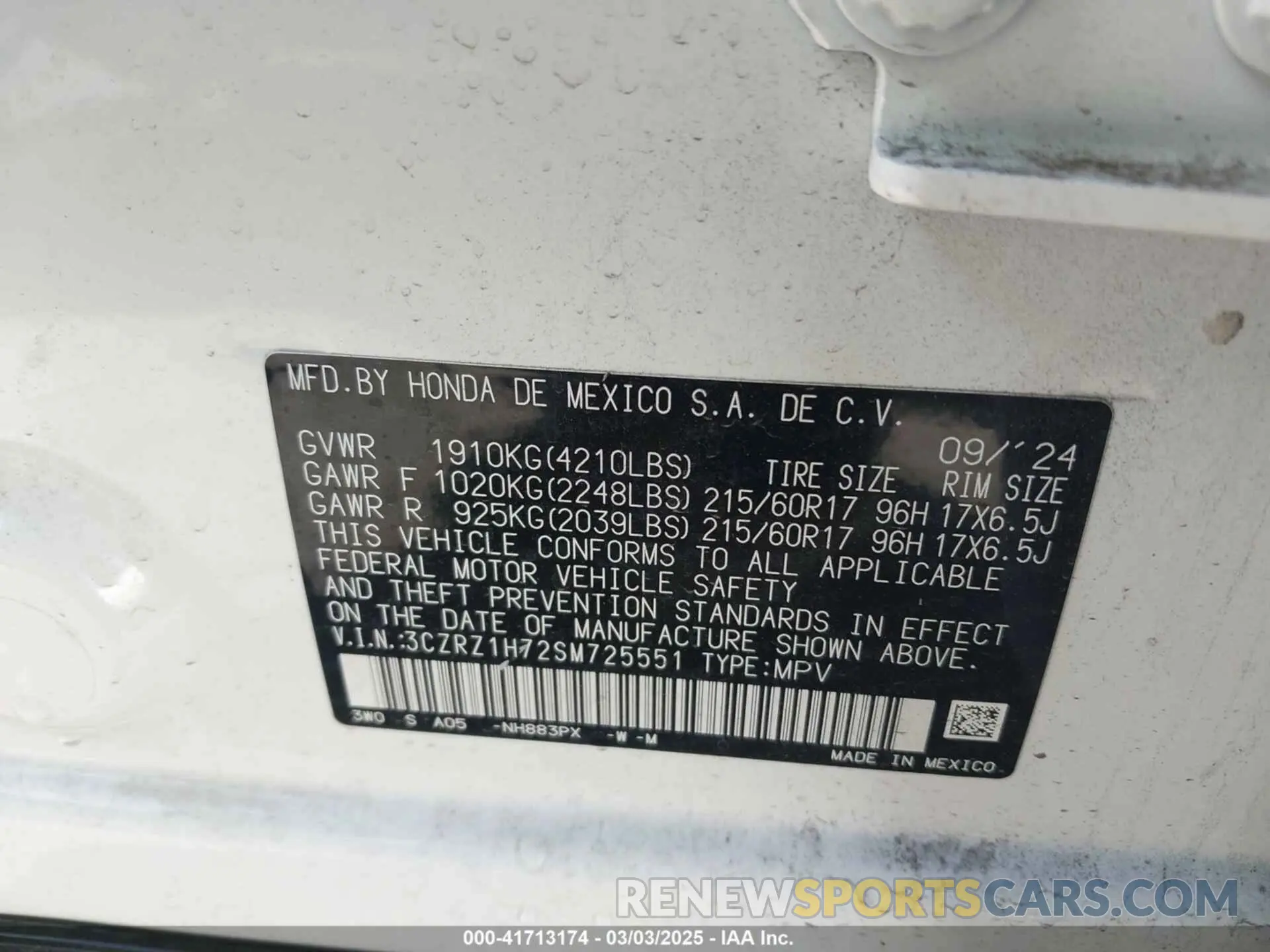 9 Photograph of a damaged car 3CZRZ1H72SM725551 HONDA HR-V 2025