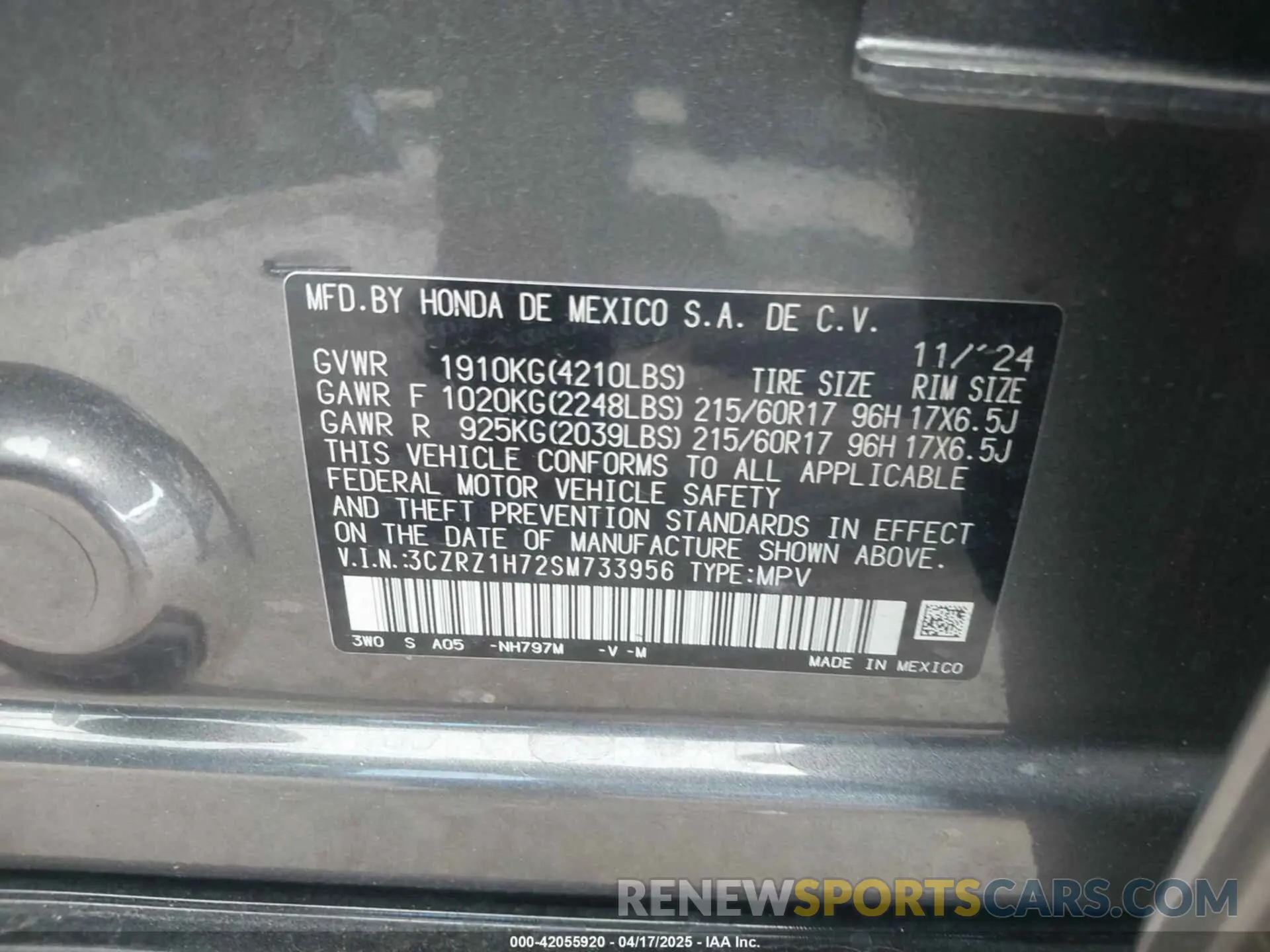 9 Photograph of a damaged car 3CZRZ1H72SM733956 HONDA HR-V 2025