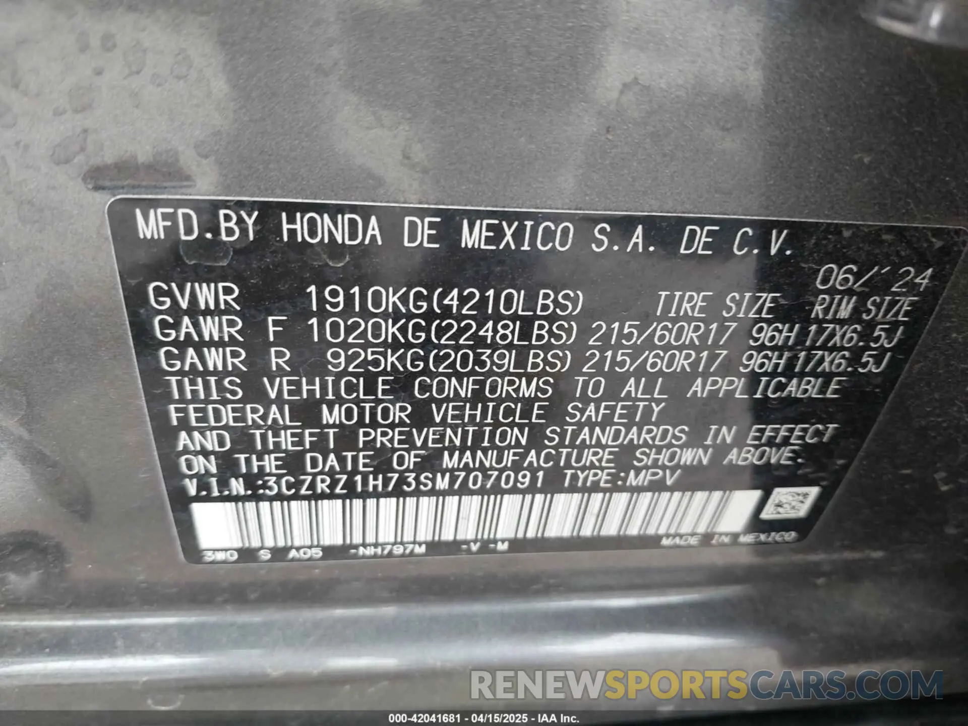 9 Photograph of a damaged car 3CZRZ1H73SM707091 HONDA HR-V 2025