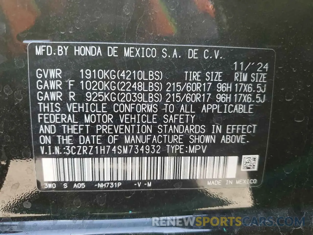 13 Photograph of a damaged car 3CZRZ1H74SM734932 HONDA HR-V 2025