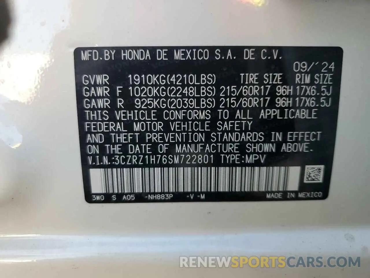 12 Photograph of a damaged car 3CZRZ1H76SM722801 HONDA HR-V 2025