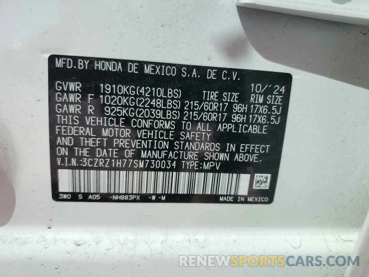 15 Photograph of a damaged car 3CZRZ1H77SM730034 HONDA HR-V 2025