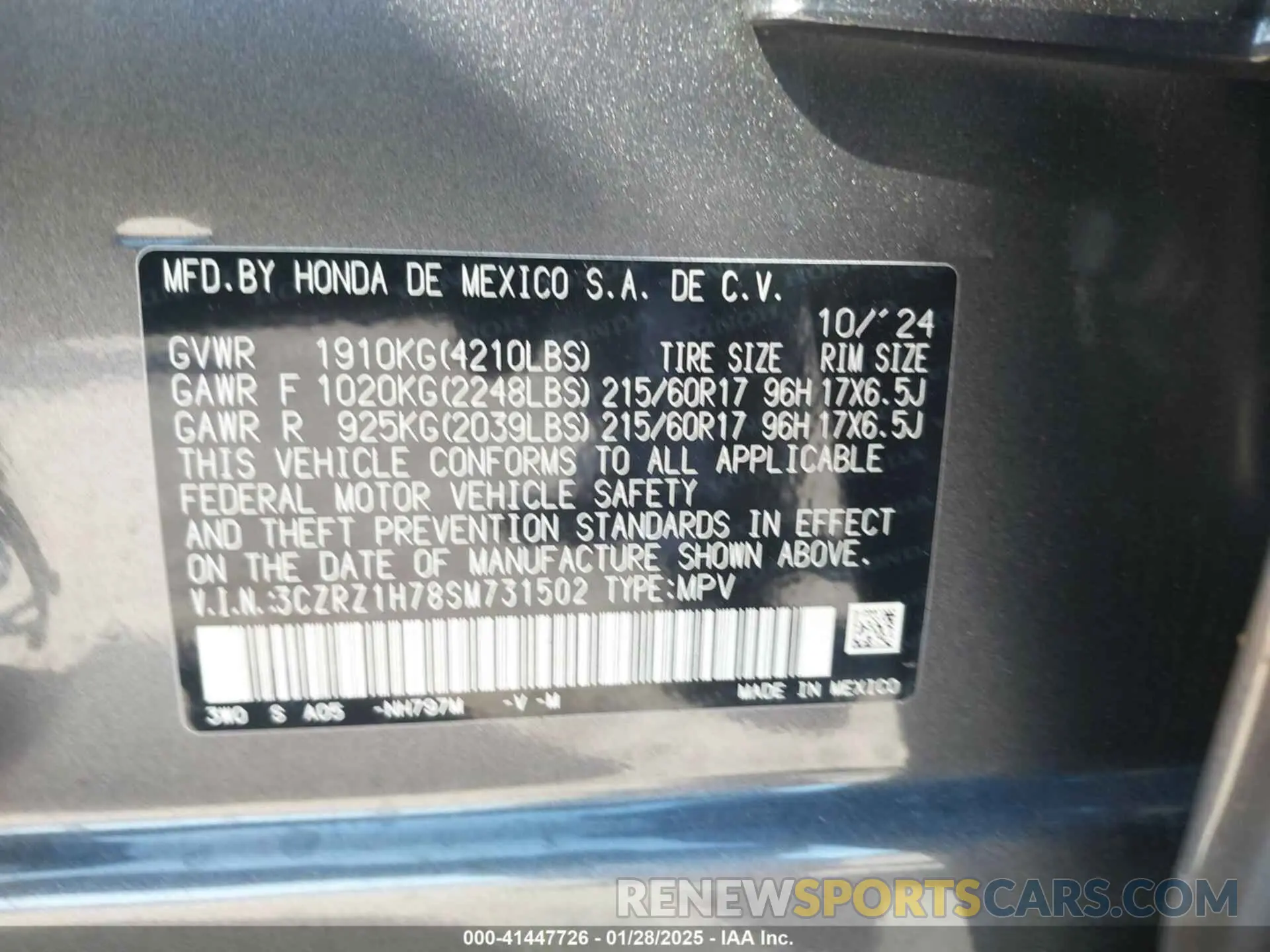 9 Photograph of a damaged car 3CZRZ1H78SM731502 HONDA HR-V 2025