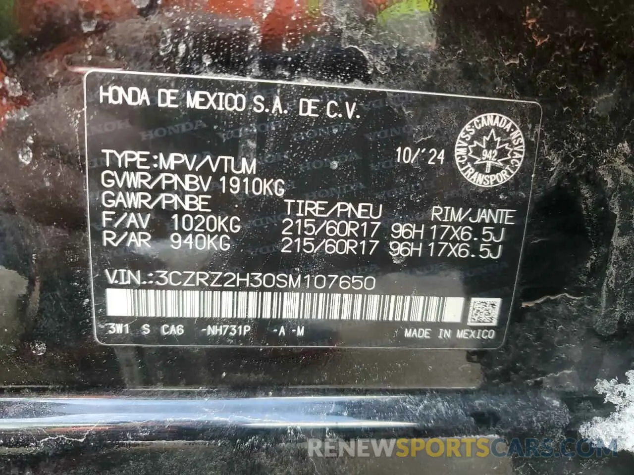 14 Photograph of a damaged car 3CZRZ2H30SM107650 HONDA HR-V 2025