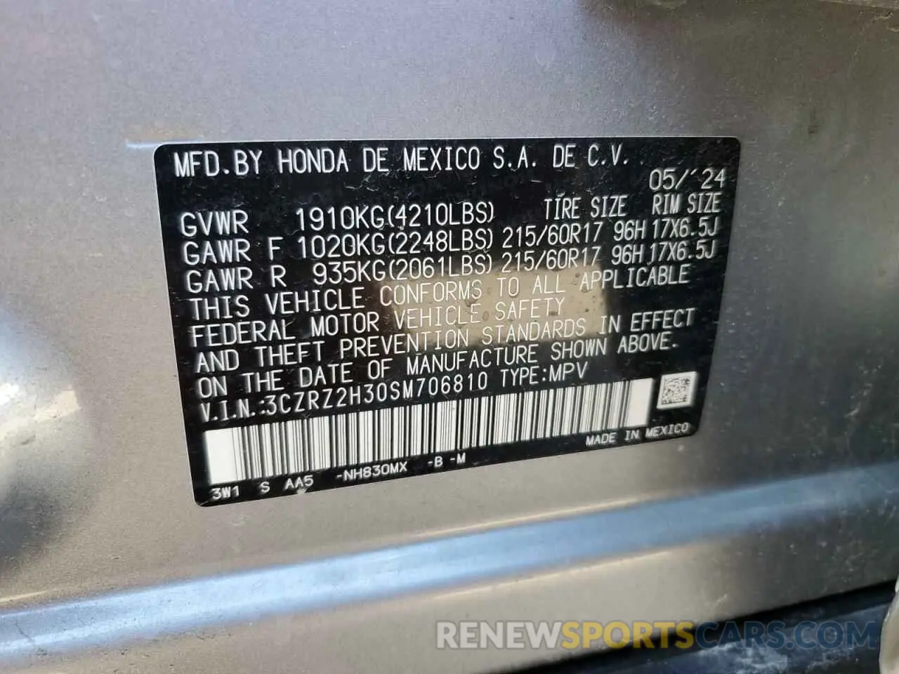 15 Photograph of a damaged car 3CZRZ2H30SM706810 HONDA HR-V 2025
