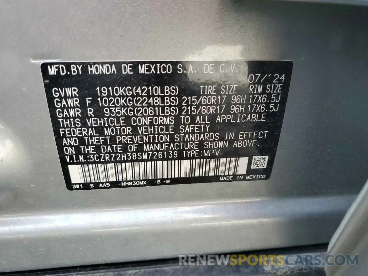 14 Photograph of a damaged car 3CZRZ2H38SM726139 HONDA HR-V 2025