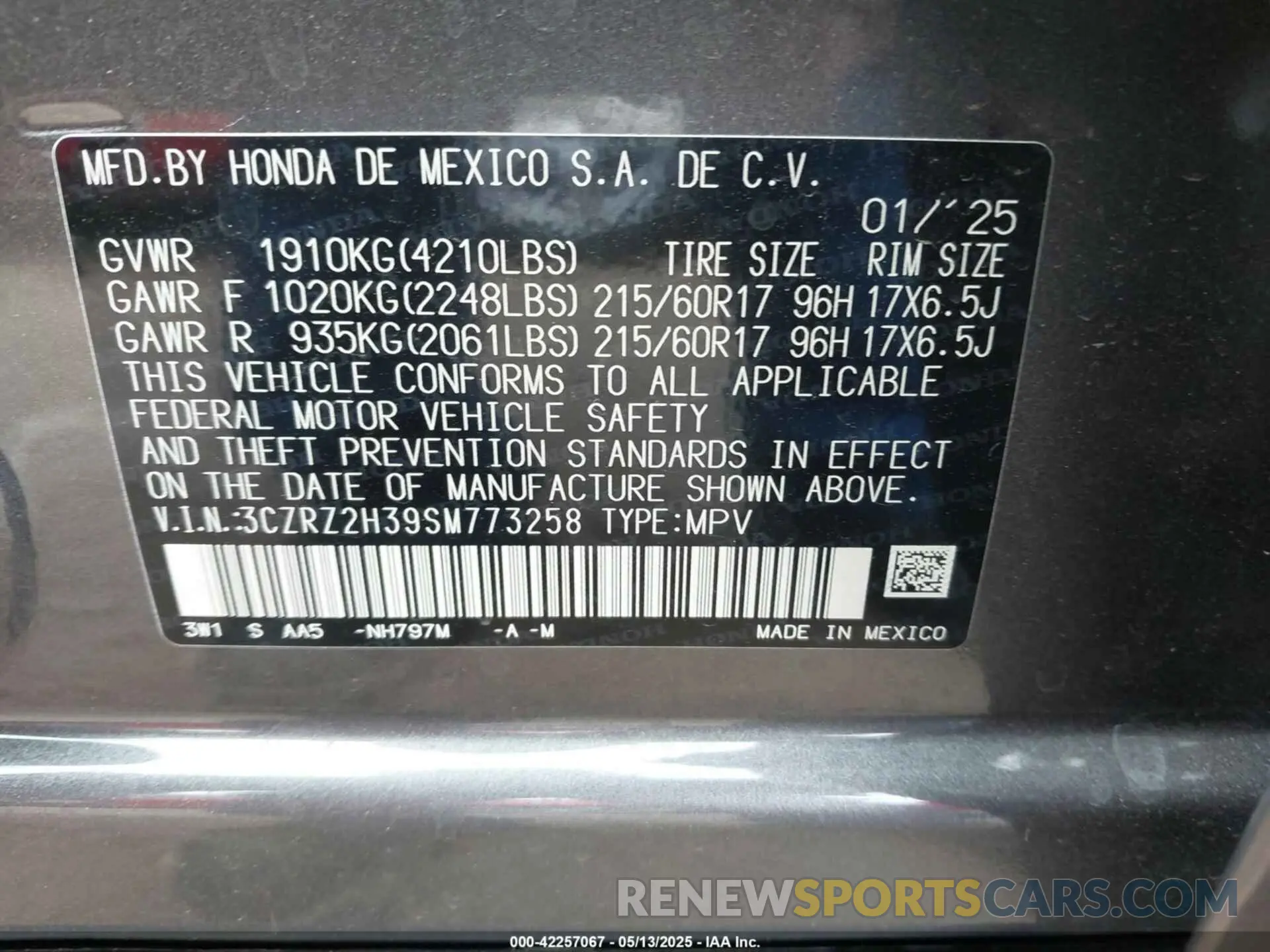 9 Photograph of a damaged car 3CZRZ2H39SM773258 HONDA HR-V 2025