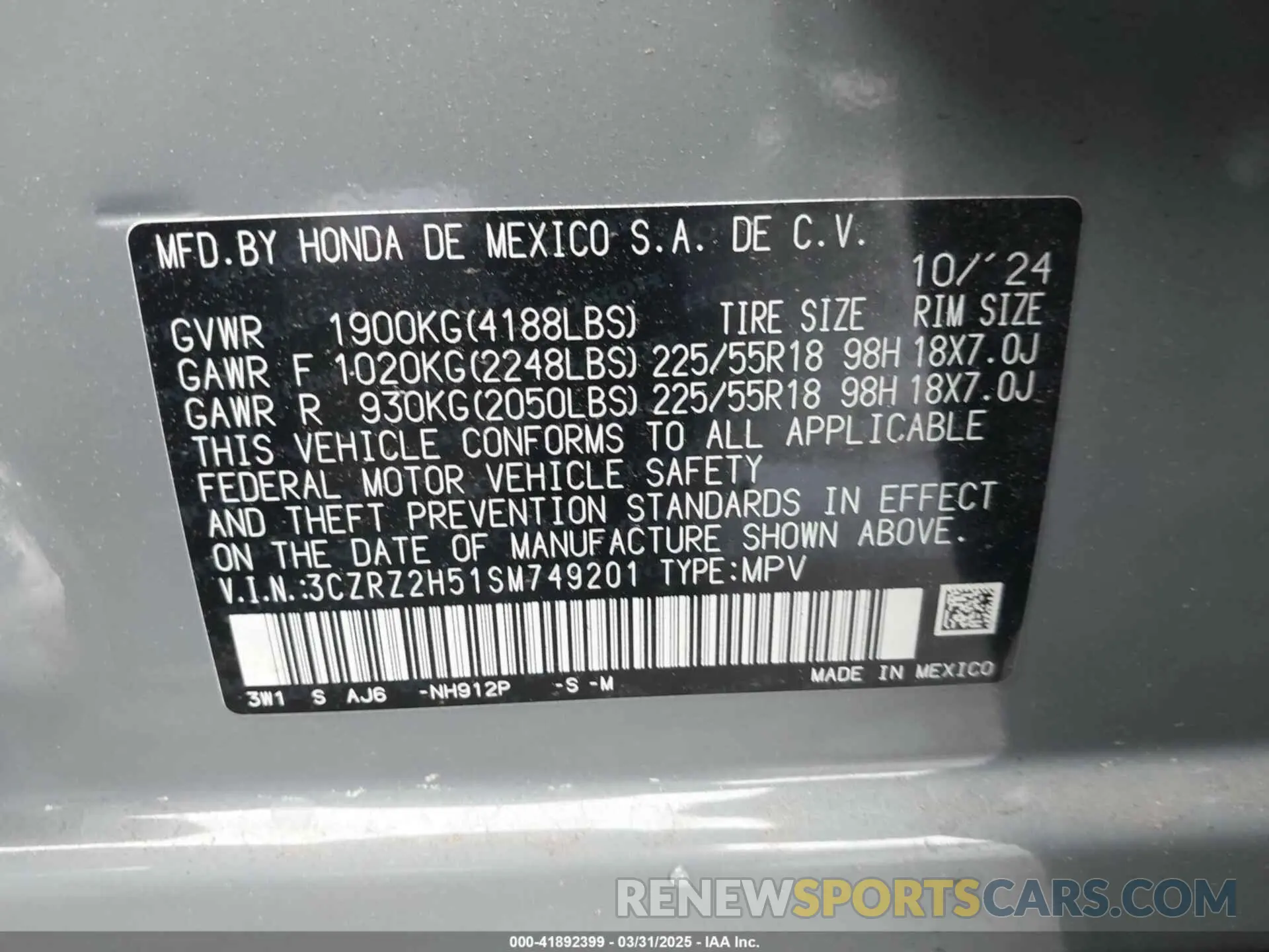 9 Photograph of a damaged car 3CZRZ2H51SM749201 HONDA HR-V 2025