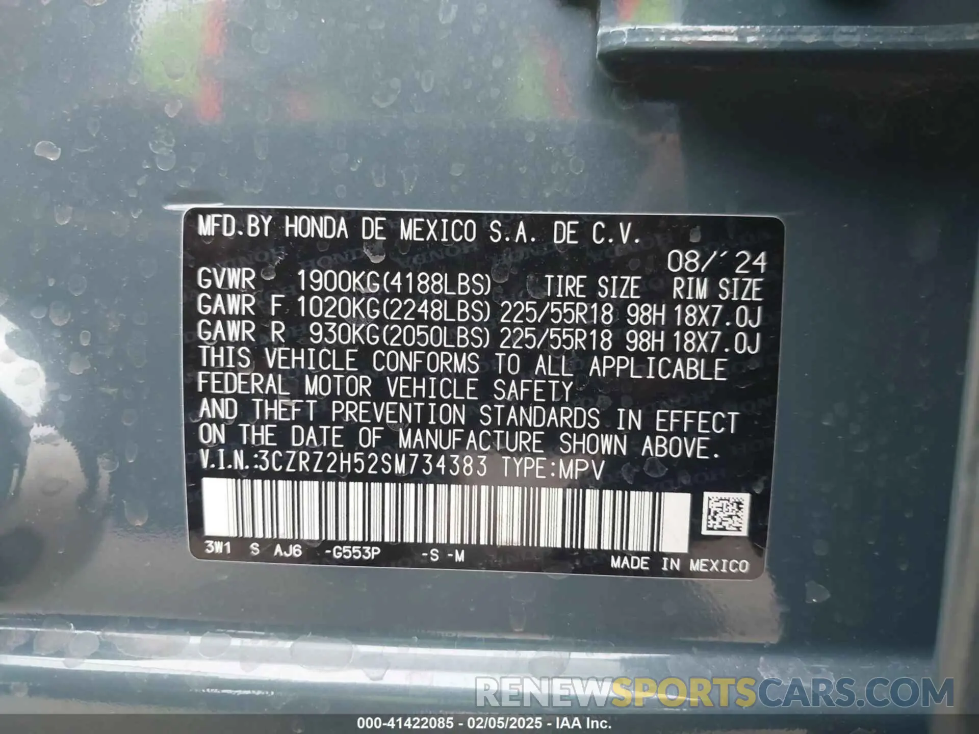 9 Photograph of a damaged car 3CZRZ2H52SM734383 HONDA HR-V 2025
