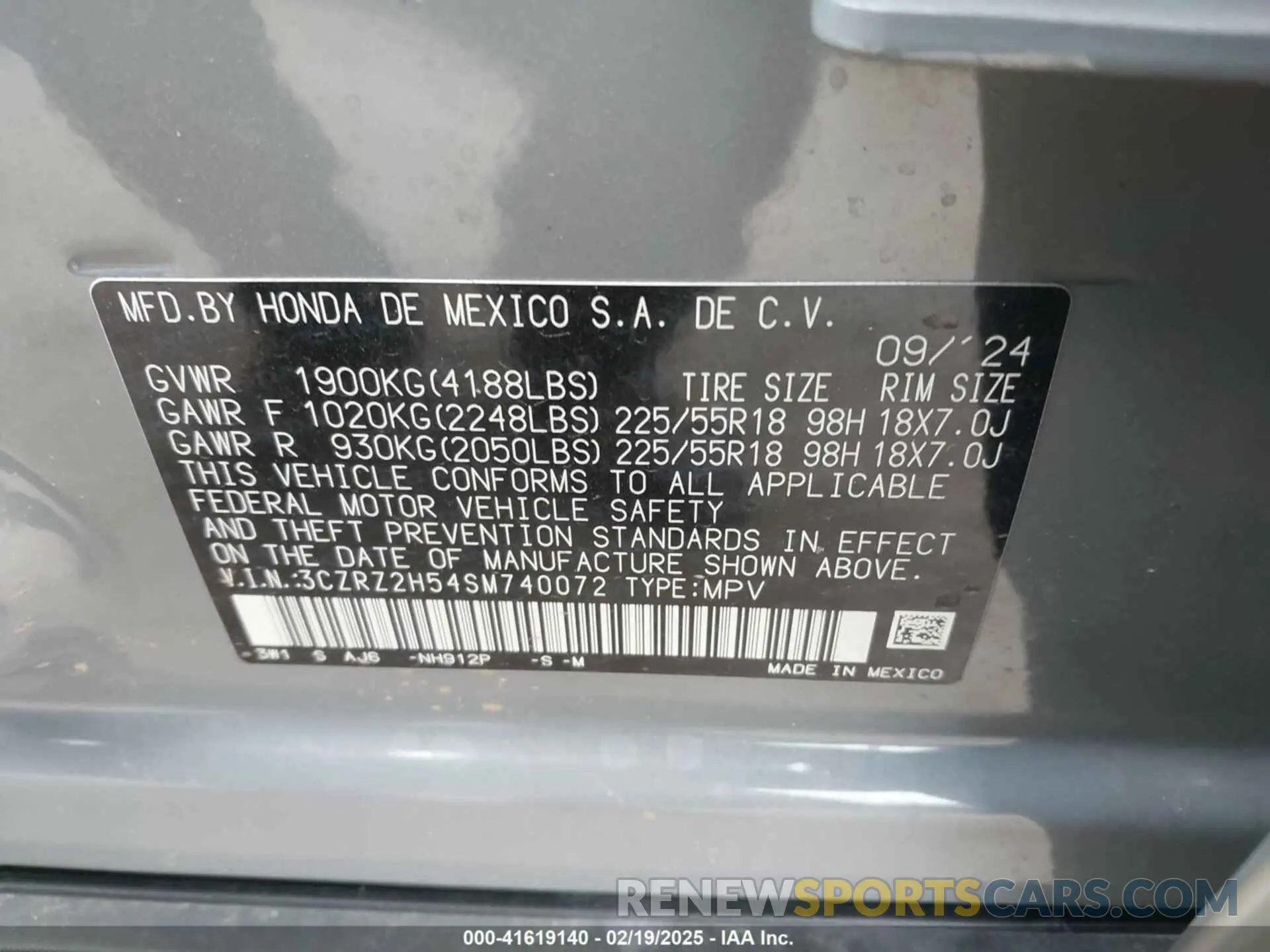 9 Photograph of a damaged car 3CZRZ2H54SM740072 HONDA HR-V 2025