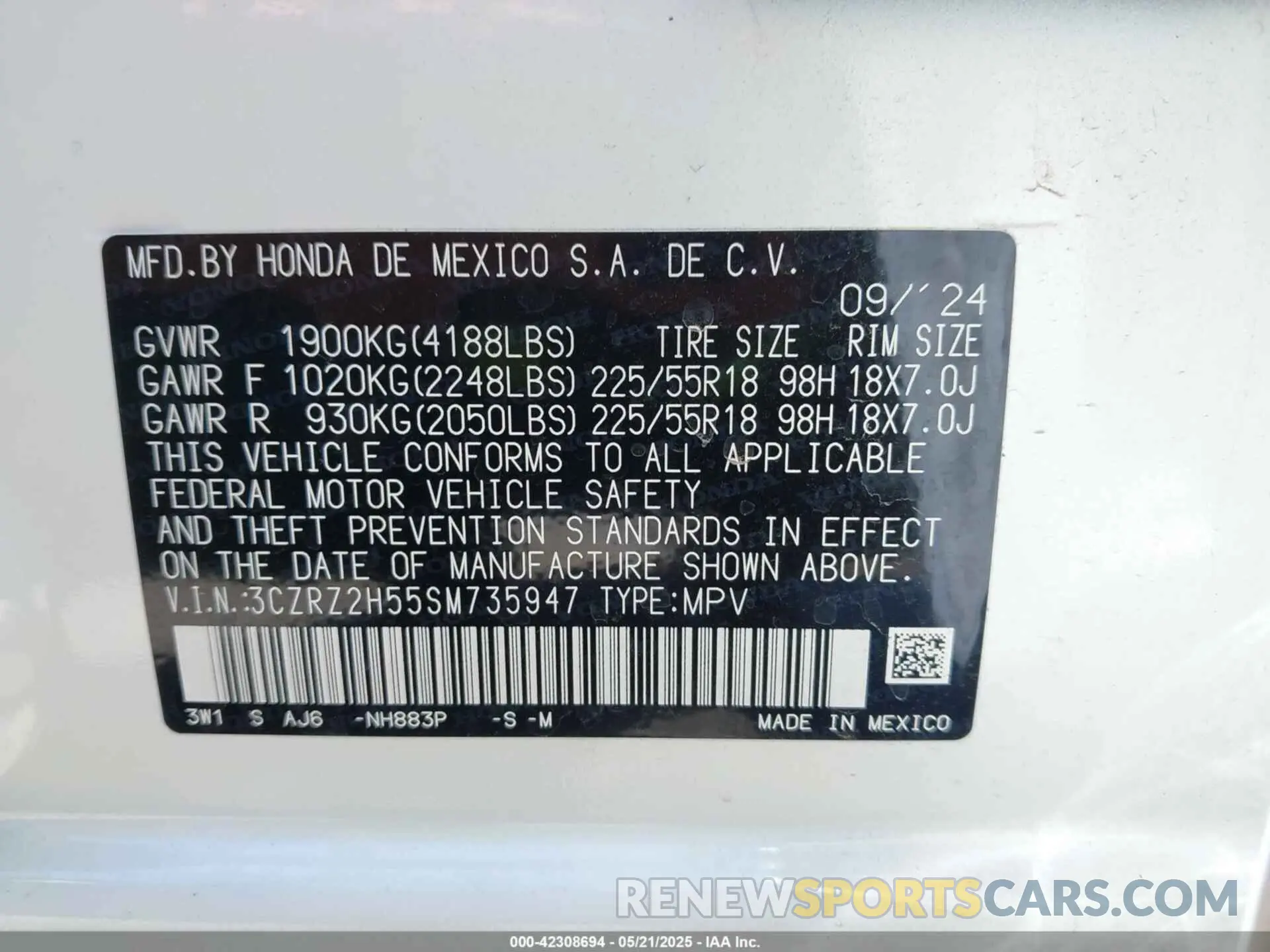 9 Photograph of a damaged car 3CZRZ2H55SM735947 HONDA HR-V 2025