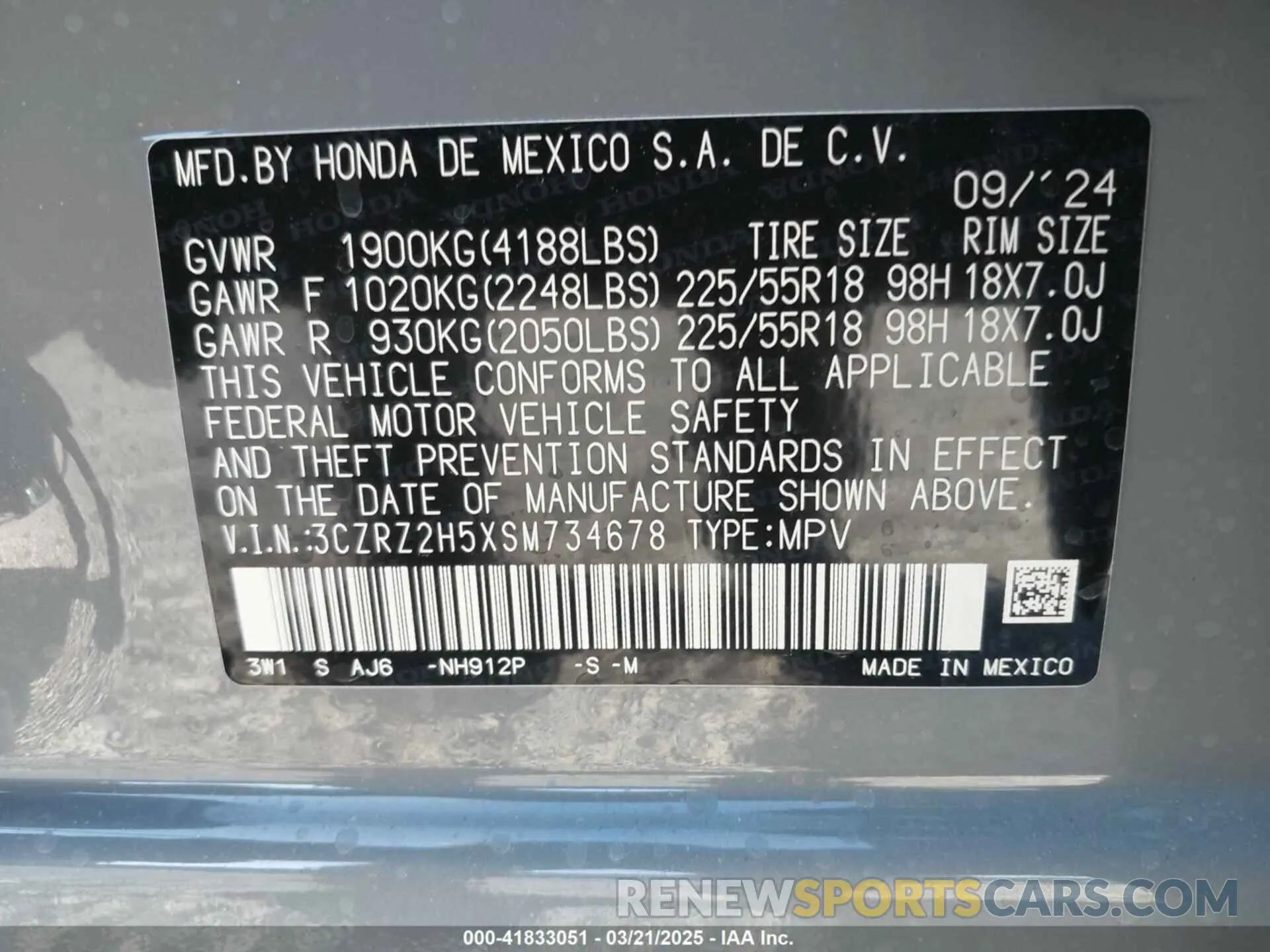 9 Photograph of a damaged car 3CZRZ2H5XSM734678 HONDA HR-V 2025
