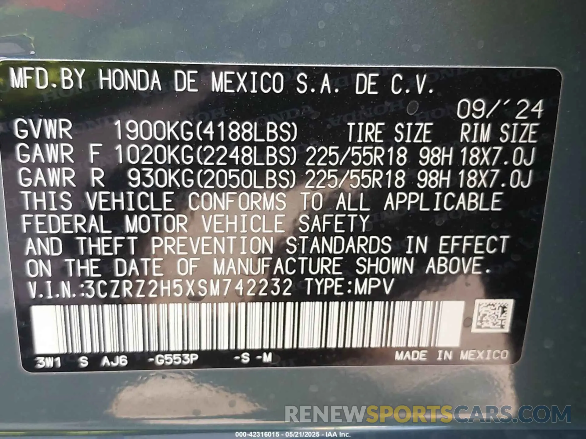 9 Photograph of a damaged car 3CZRZ2H5XSM742232 HONDA HR-V 2025