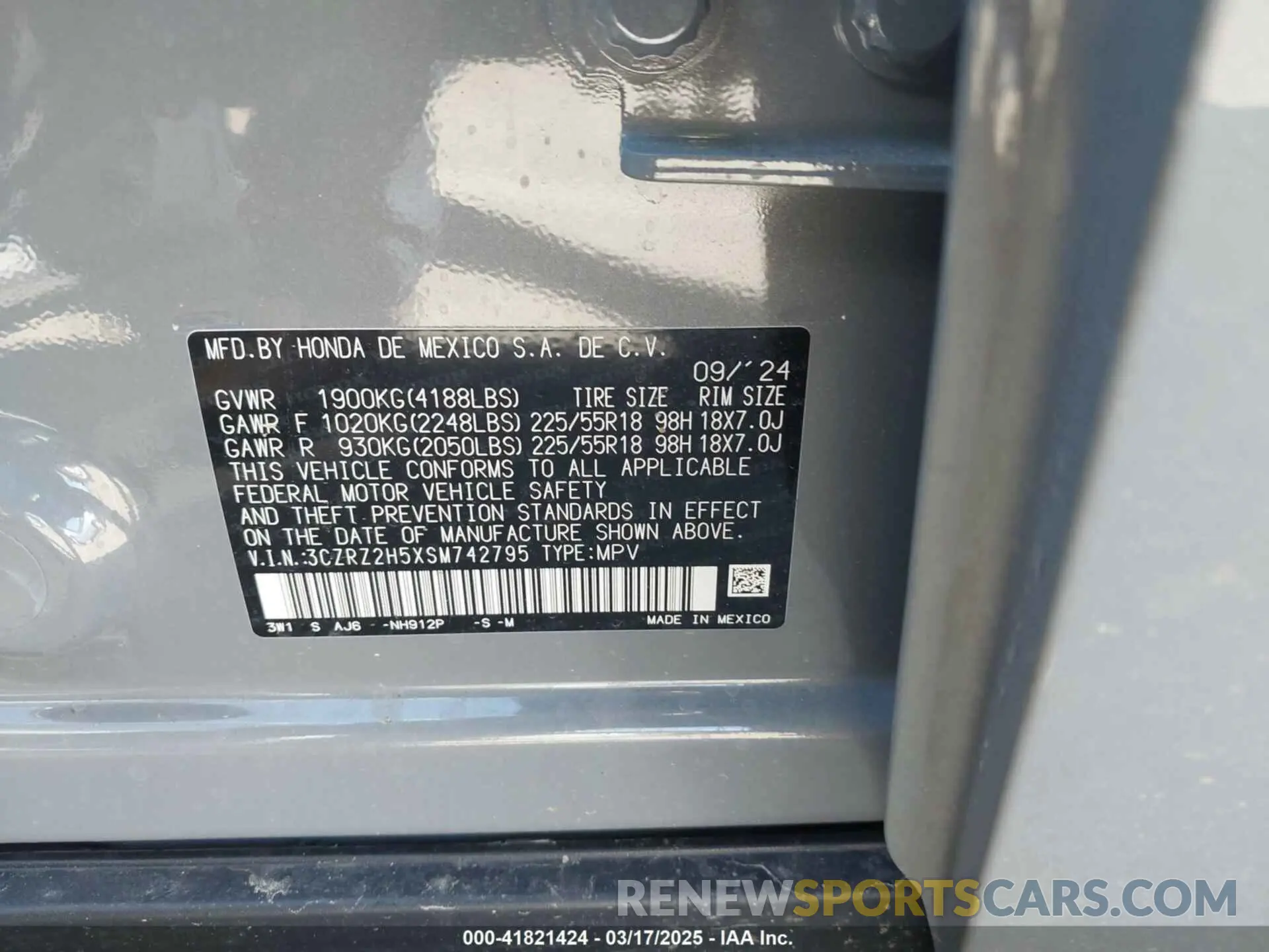 9 Photograph of a damaged car 3CZRZ2H5XSM742795 HONDA HR-V 2025