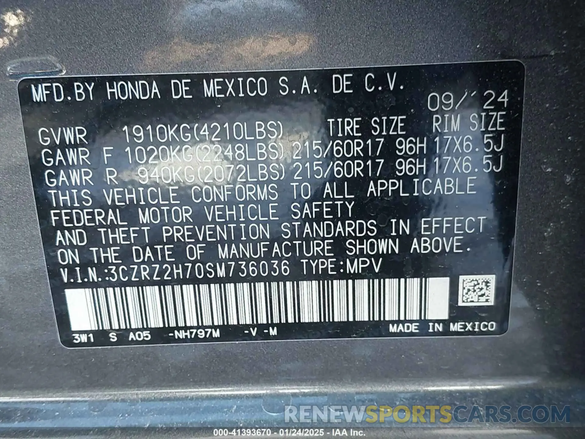 9 Photograph of a damaged car 3CZRZ2H70SM736036 HONDA HR-V 2025