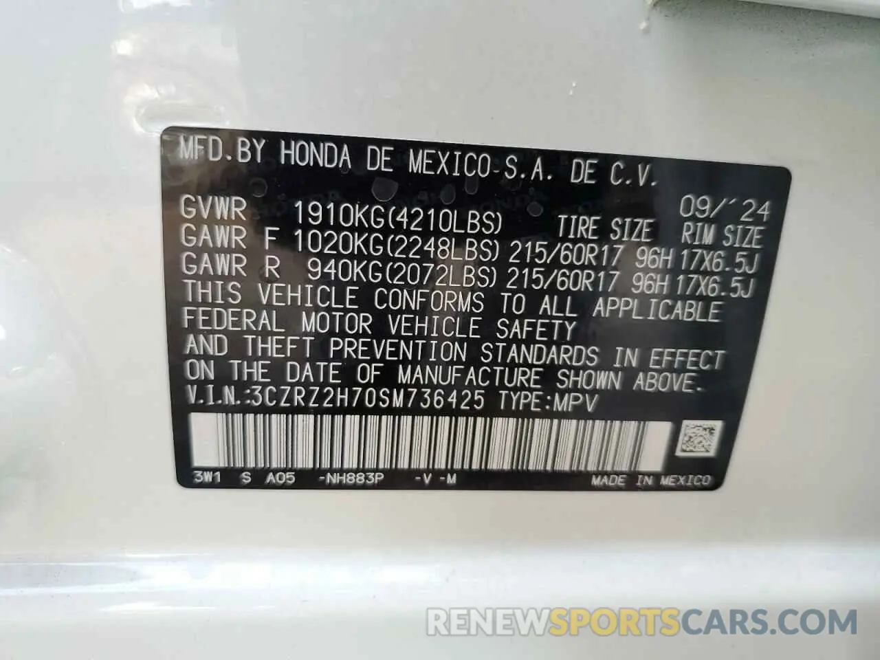 13 Photograph of a damaged car 3CZRZ2H70SM736425 HONDA HR-V 2025