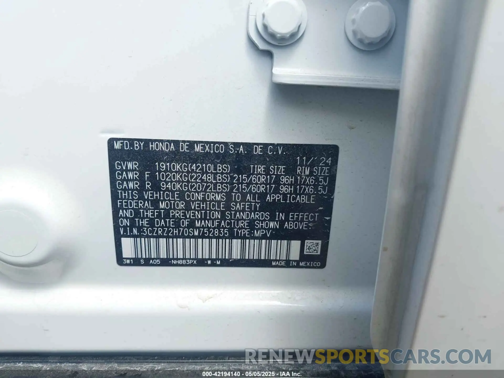 9 Photograph of a damaged car 3CZRZ2H70SM752835 HONDA HR-V 2025