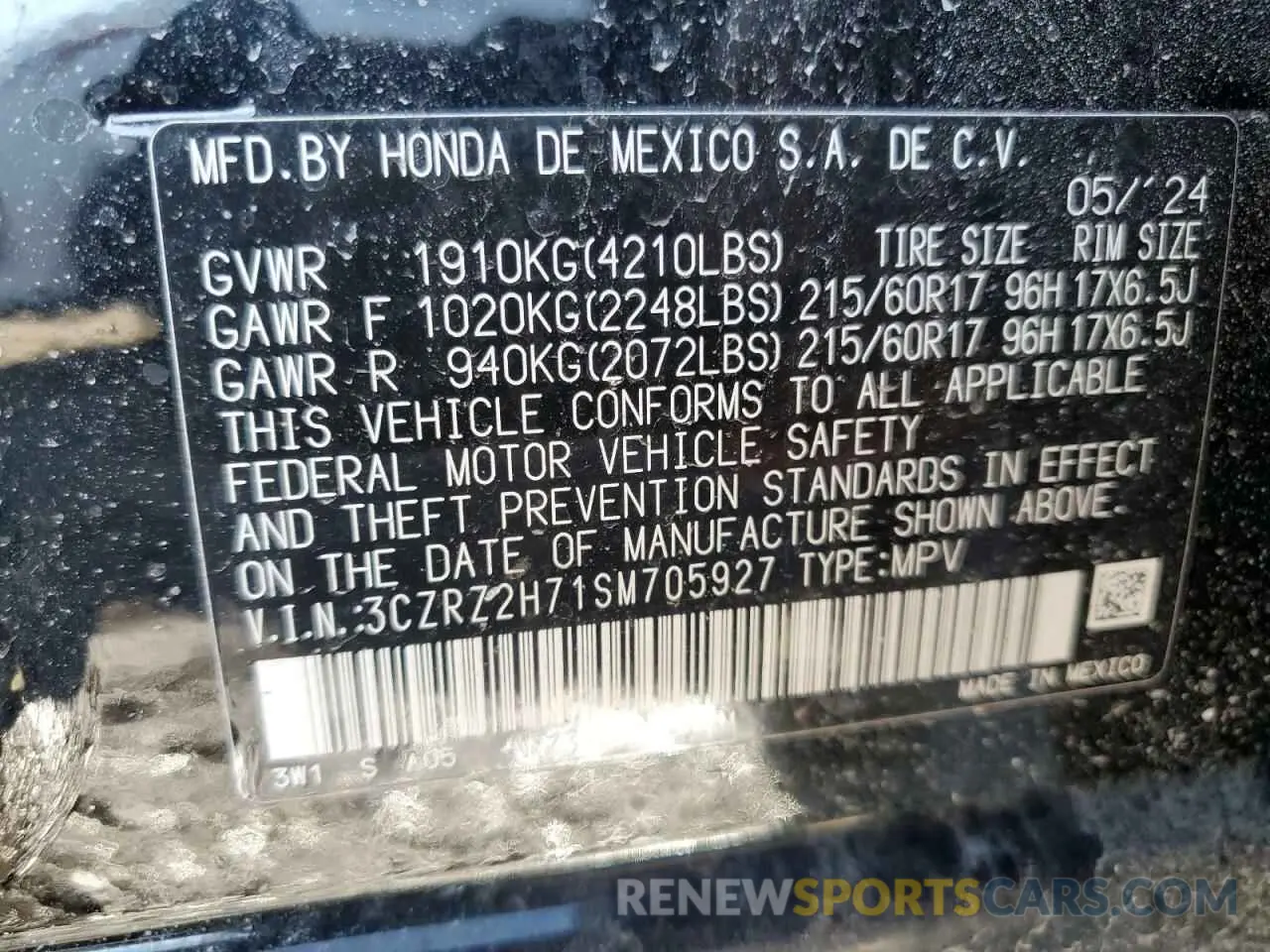 13 Photograph of a damaged car 3CZRZ2H71SM705927 HONDA HR-V 2025