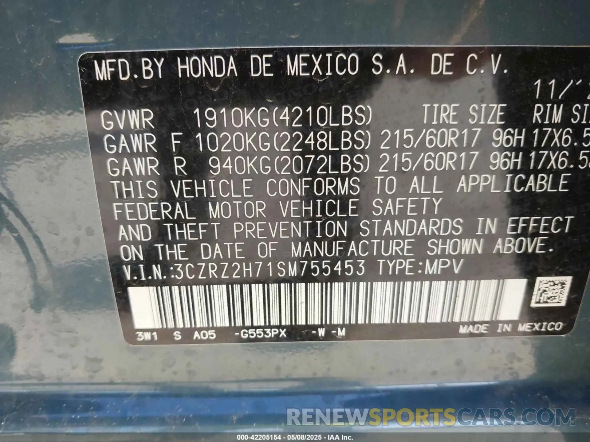 9 Photograph of a damaged car 3CZRZ2H71SM755453 HONDA HR-V 2025