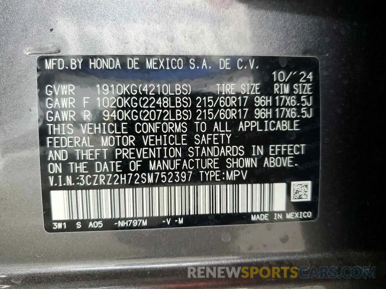 12 Photograph of a damaged car 3CZRZ2H72SM752397 HONDA HR-V 2025
