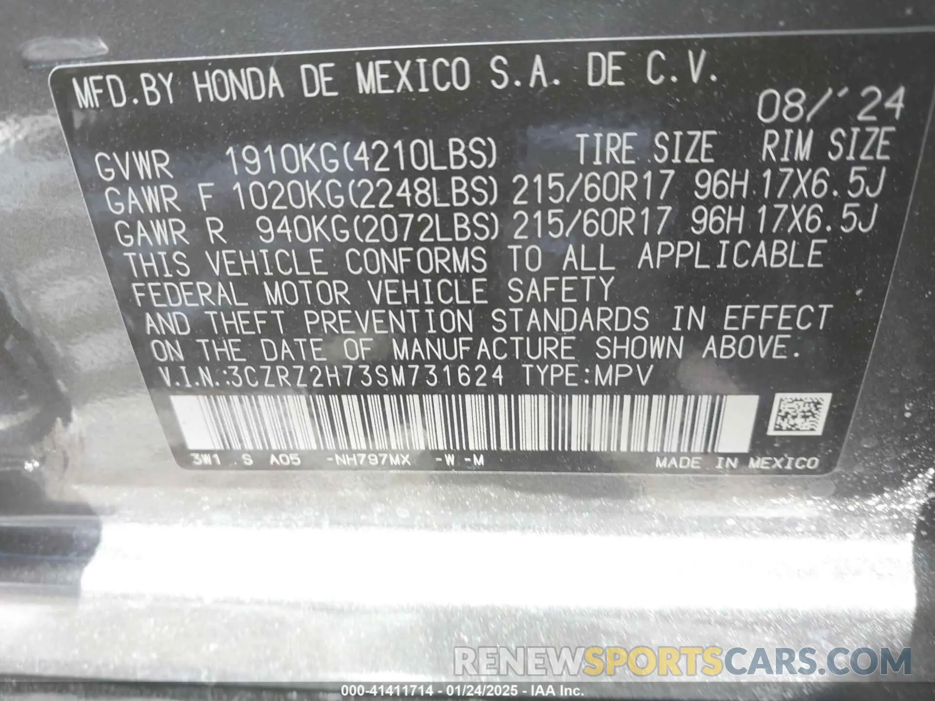 9 Photograph of a damaged car 3CZRZ2H73SM731624 HONDA HR-V 2025