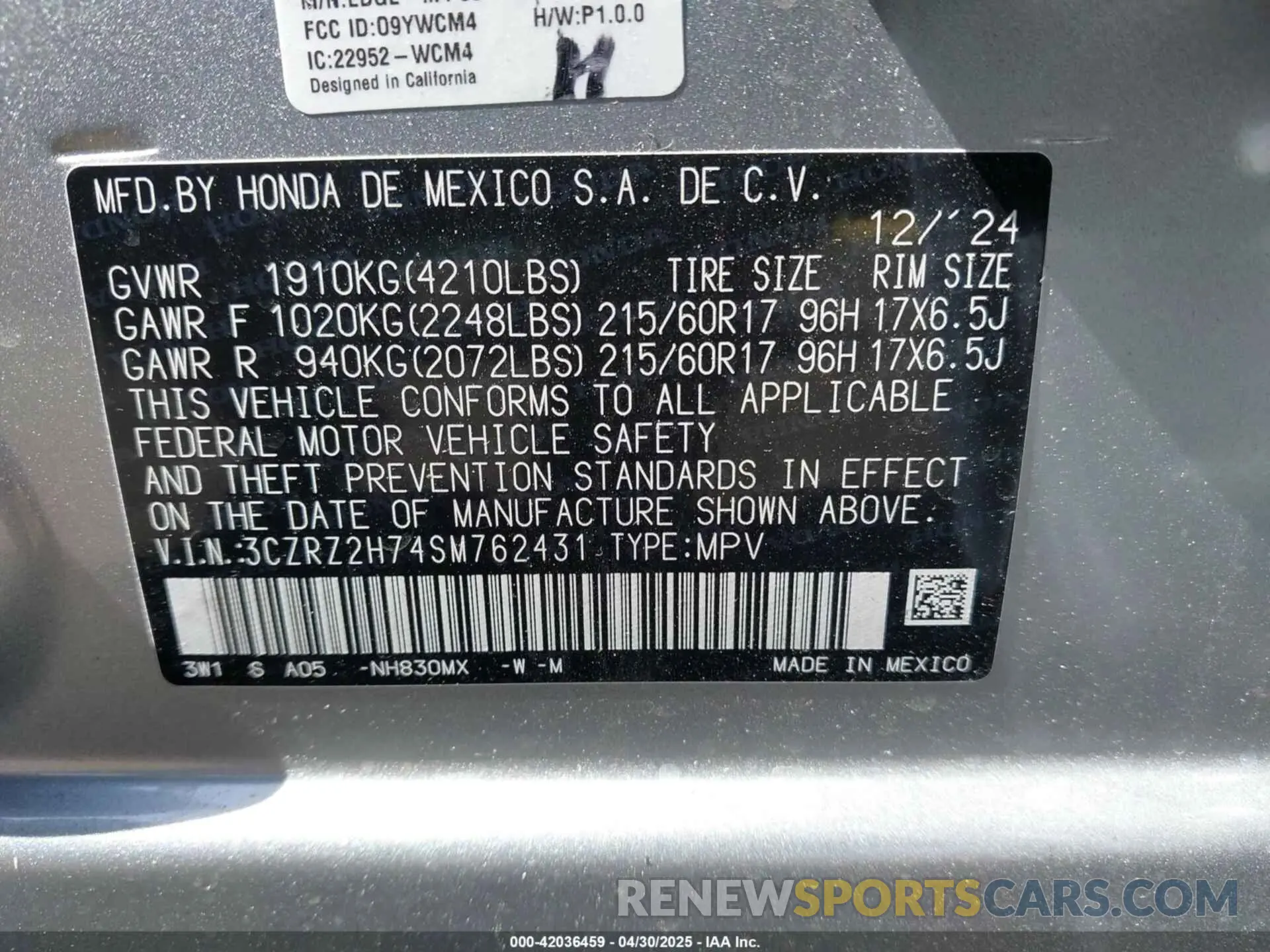 9 Photograph of a damaged car 3CZRZ2H74SM762431 HONDA HR-V 2025