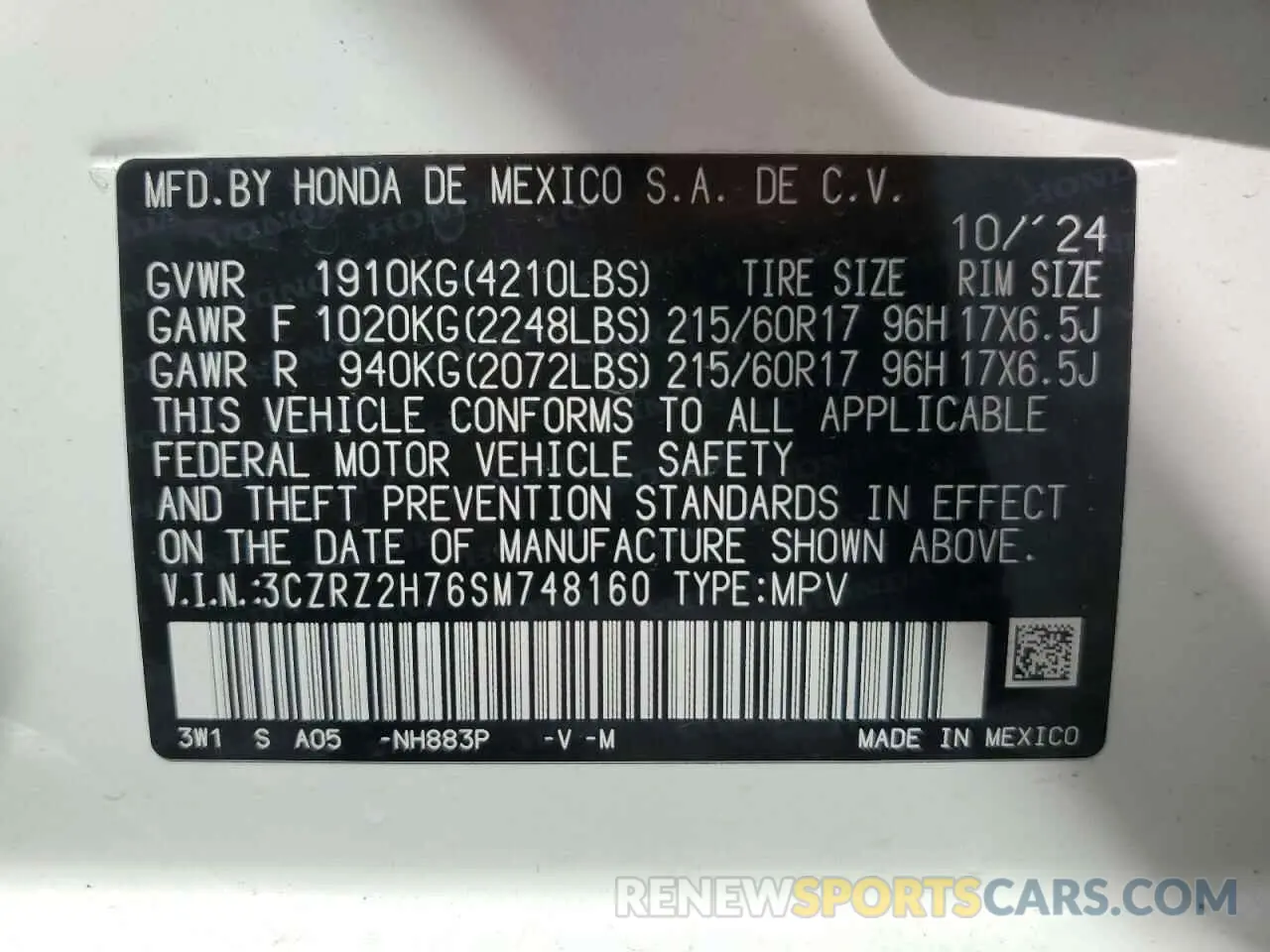 14 Photograph of a damaged car 3CZRZ2H76SM748160 HONDA HR-V 2025