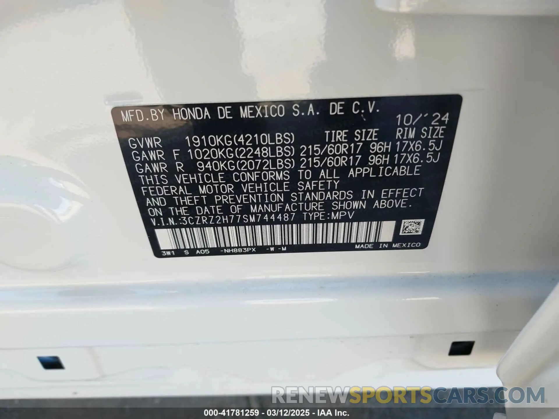 9 Photograph of a damaged car 3CZRZ2H77SM744487 HONDA HR-V 2025